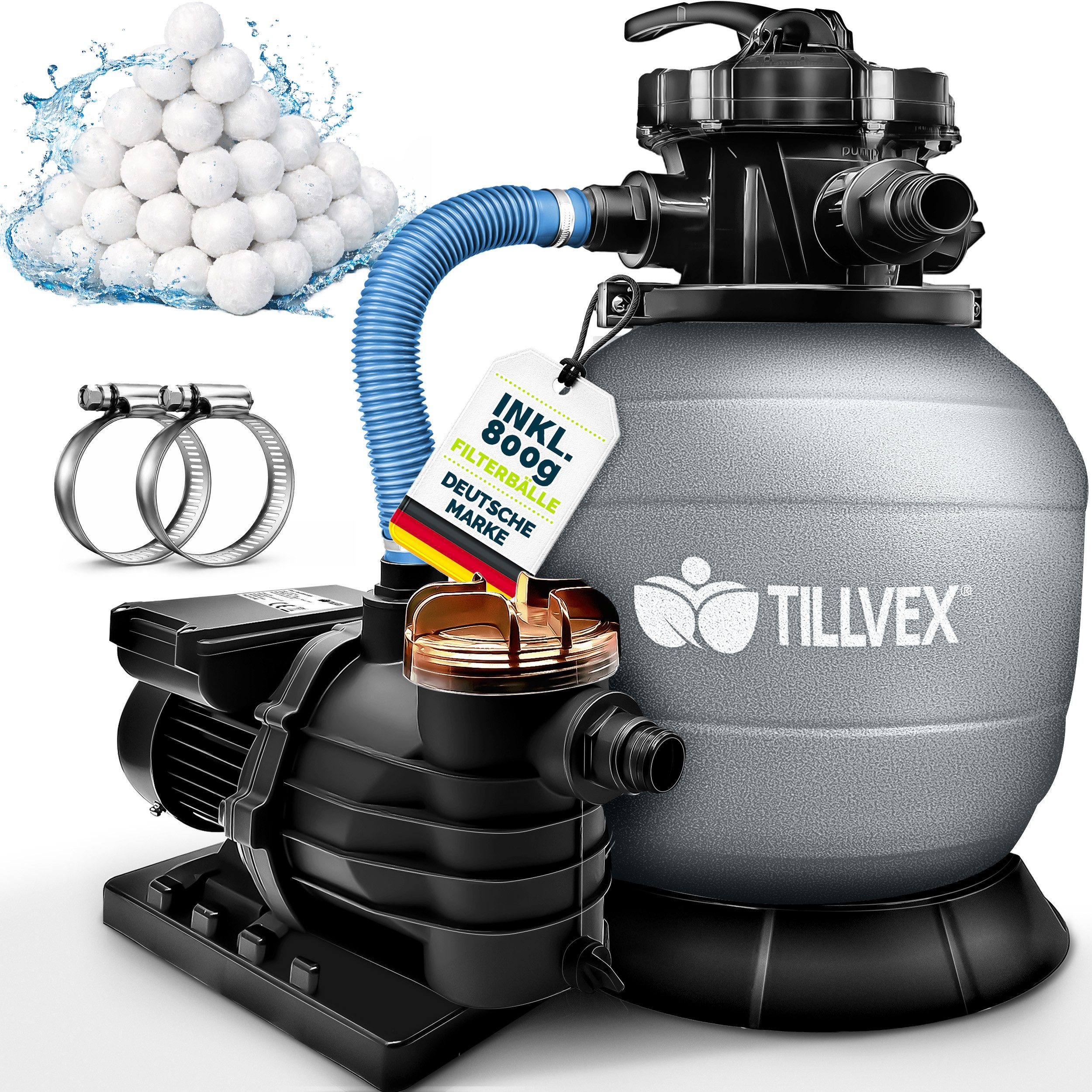 tillvex Sandfilteranlage 10 m³/h Filteranlage + 800g Filterbälle 7-Wege Ventil Poolfilter, Filterkessel mit Druckanzeige Sandfilter für Pool und Schwimmbecken
