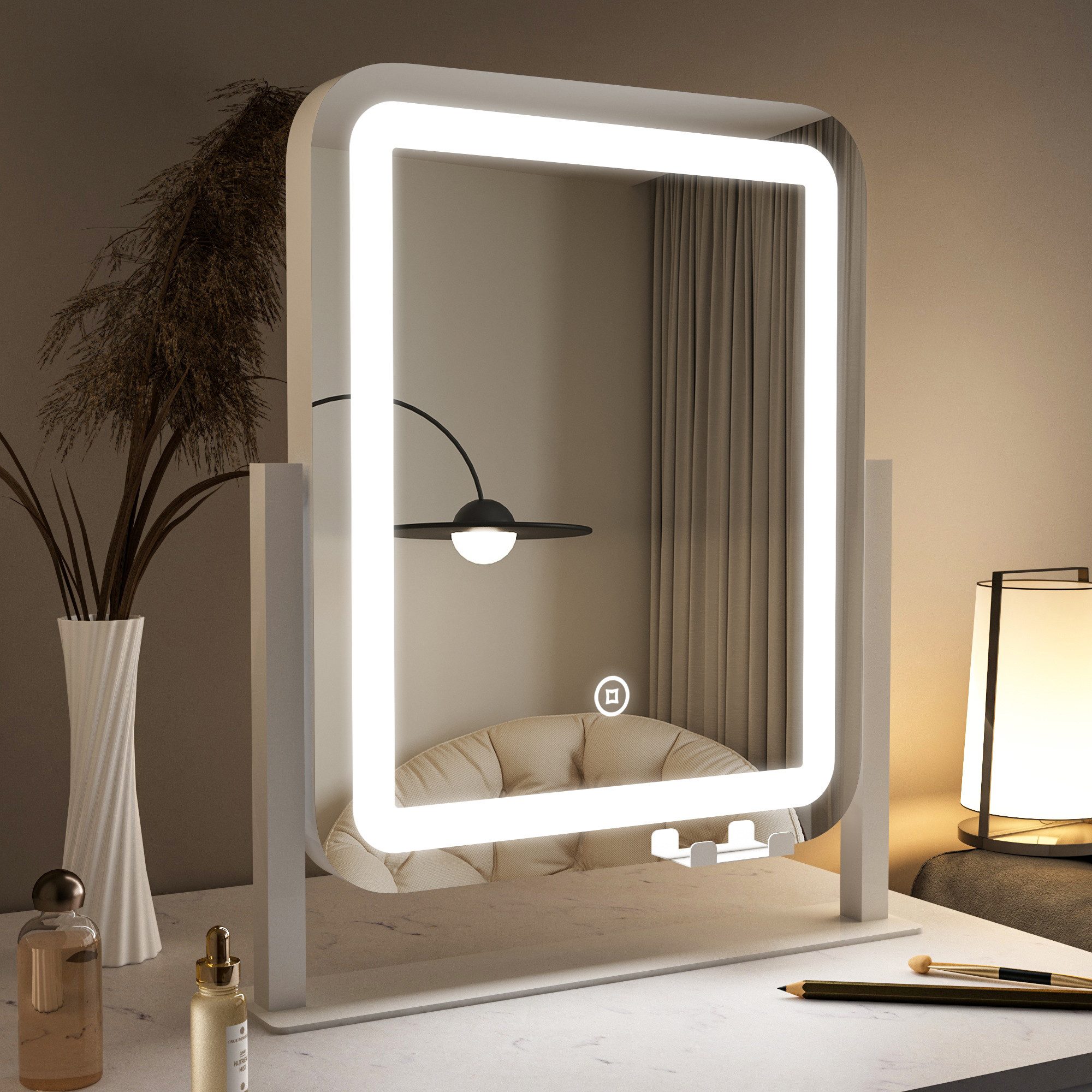 WDWRITTI Schminkspiegel mit beleuchtung, USB-Ladeanschluss, Handyhalterung LED Kosmetikspiegel (Tischspiegel Rechteckig, 3Lichtmodi+Dimmbar+Memory), 360°Drehbar, mit Netzadapter