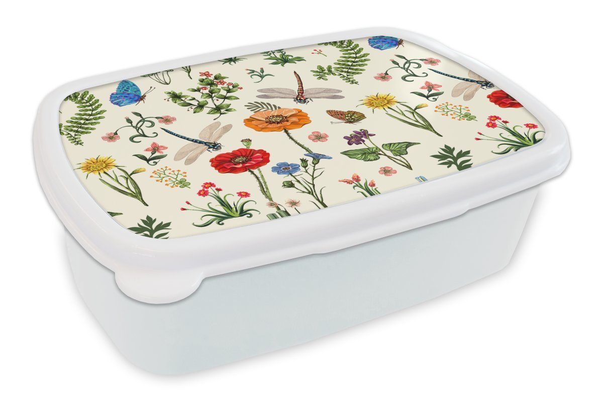 MuchoWow Lunchbox Insekten - Blumen - Sommer - Regenbogen - Muster, Kunststoff, (2-tlg), Brotbox für Kinder und Erwachsene, Brotdose, für Jungs und Mädchen weiß