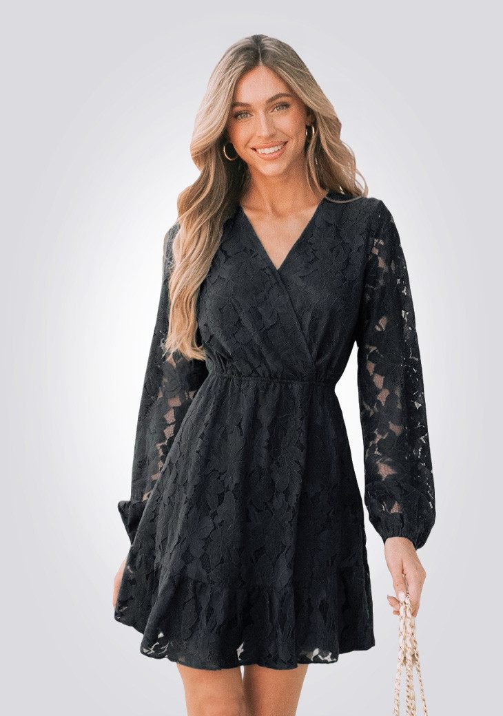 Cupshe A-Linien-Kleid Spitzenkleid mit V-Ausschnitt & langen Ärmeln
