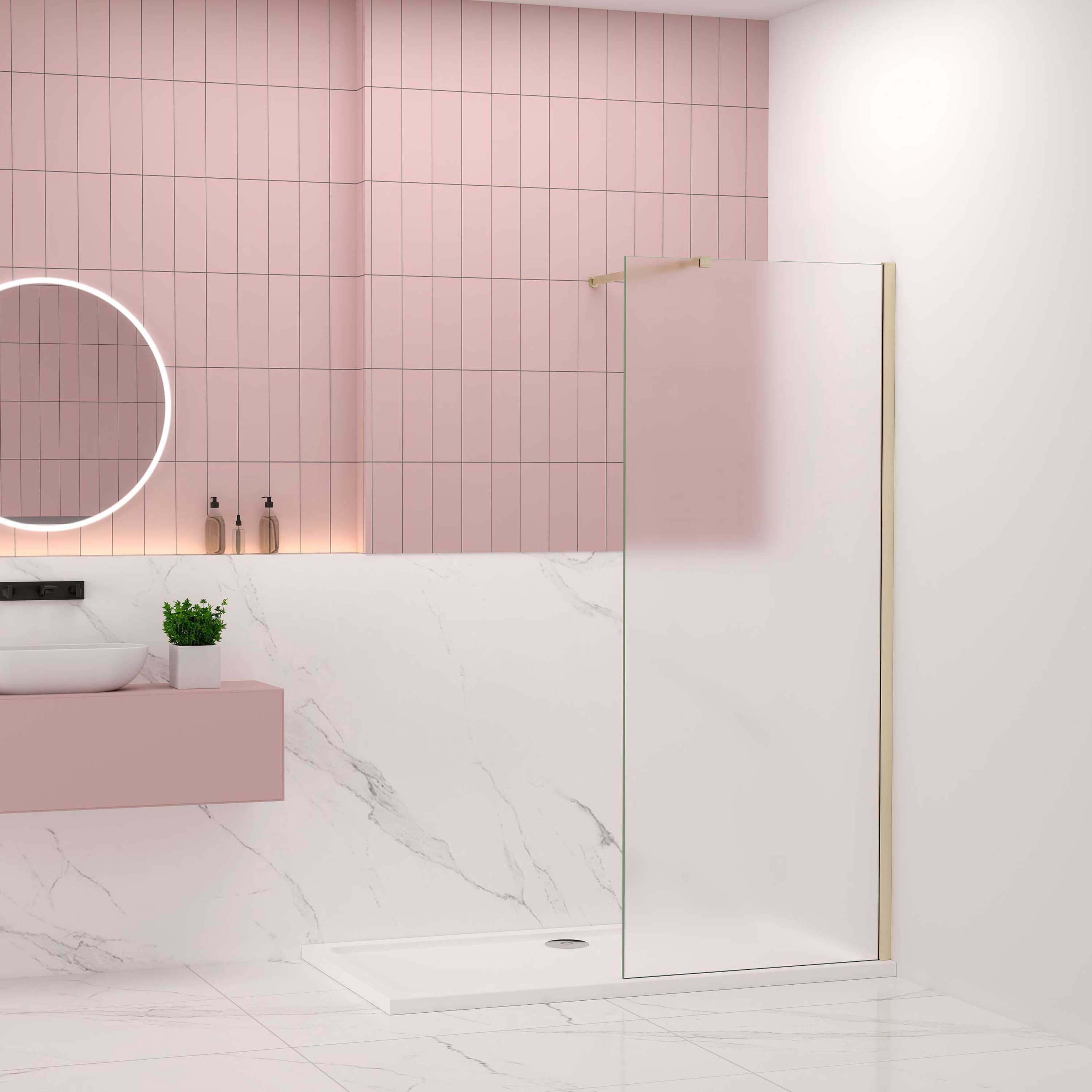 Duschparadies Walk-in-Dusche 200cm 10mm ESG Milchglas mit Golden Stabilstange Duschabtrennung, Sicherheitsglas, Glas