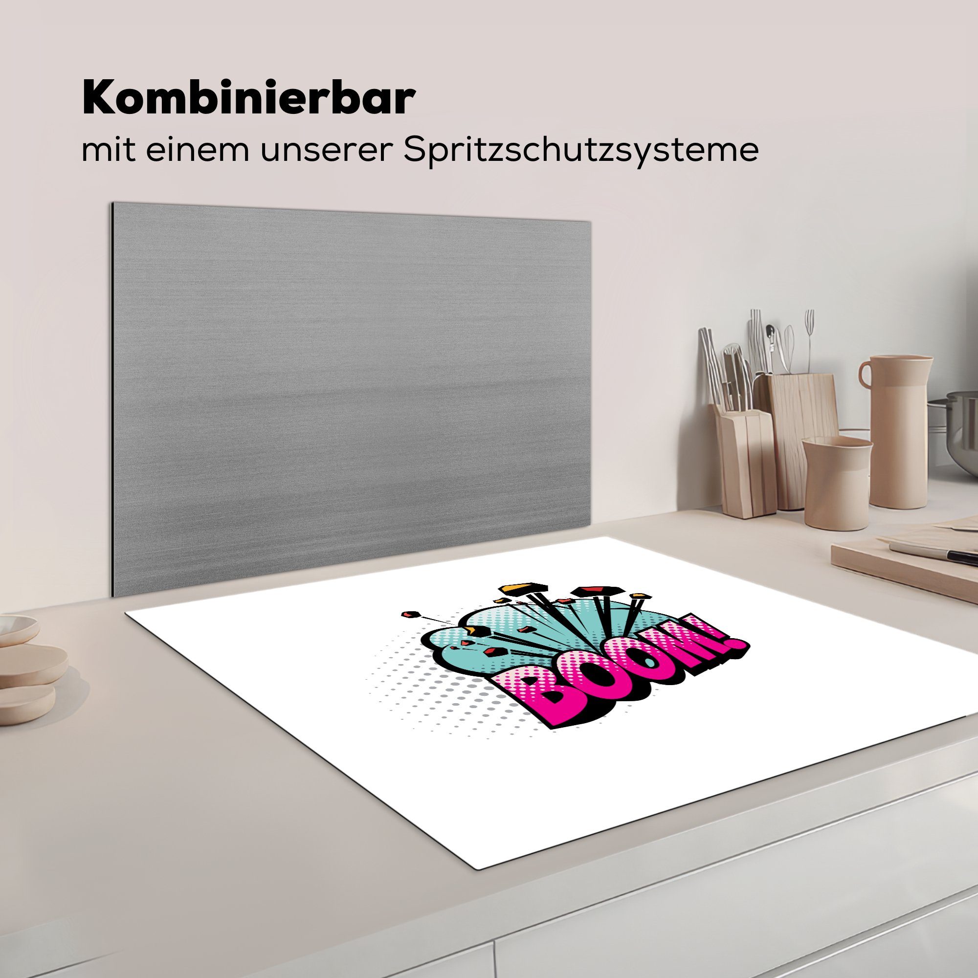 MuchoWow Herdblende-/Abdeckplatte Bumm! - Ceranfeldabdeckung, Sprichwörter Arbeitsplatte Zitate (1 78x78 Vinyl, - - cm, für küche tlg), Blau