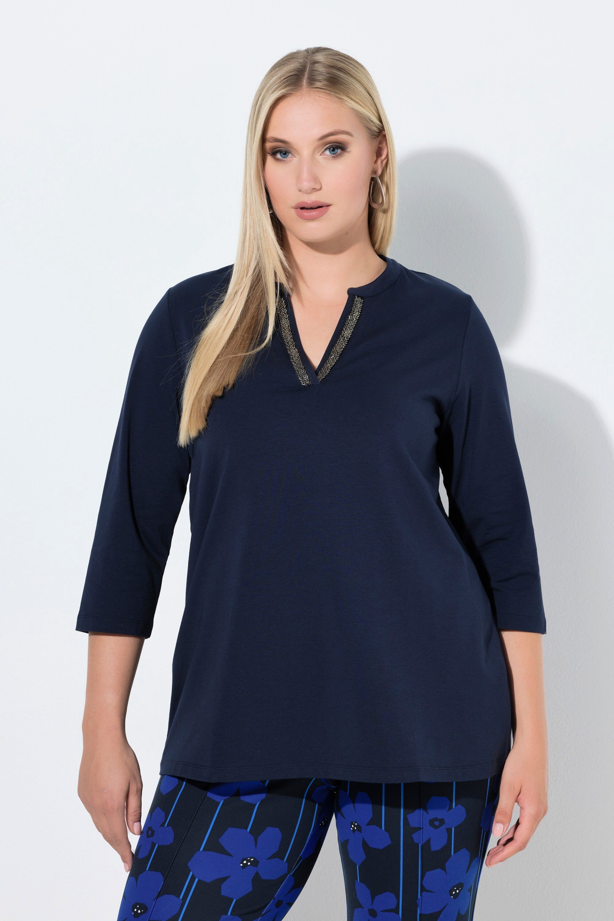 Ulla Popken Longshirt Longshirt A-Linie Tunika-Ausschnitt 3/4-Arm