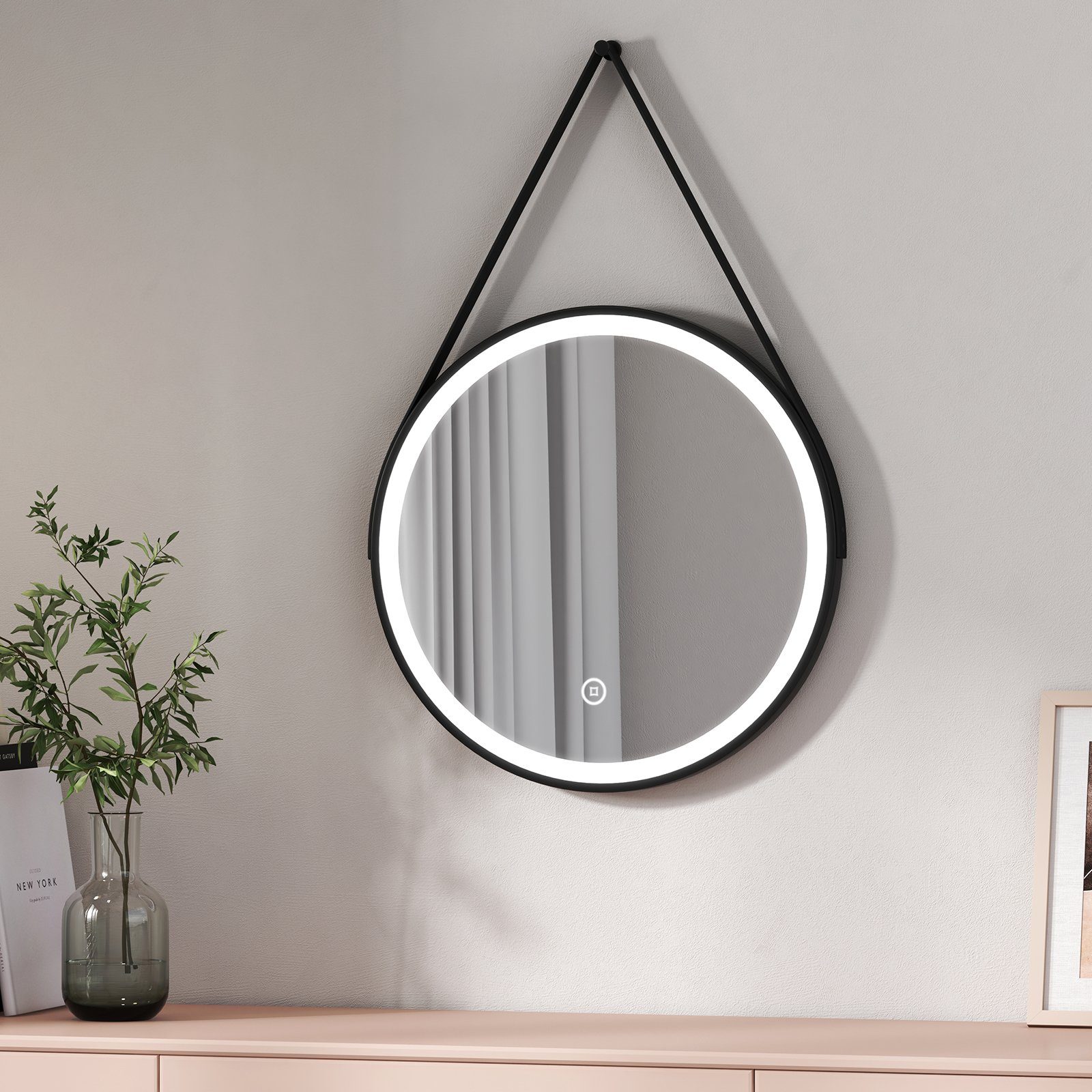 Touchschalter, Rahmen, Φ Intelligenter mit Badezimmerspiegel schwarzem Beleuchtung mit Badspiegel schwarzem Rund mit 50-80cm Rahmen Badspiegel EMKE