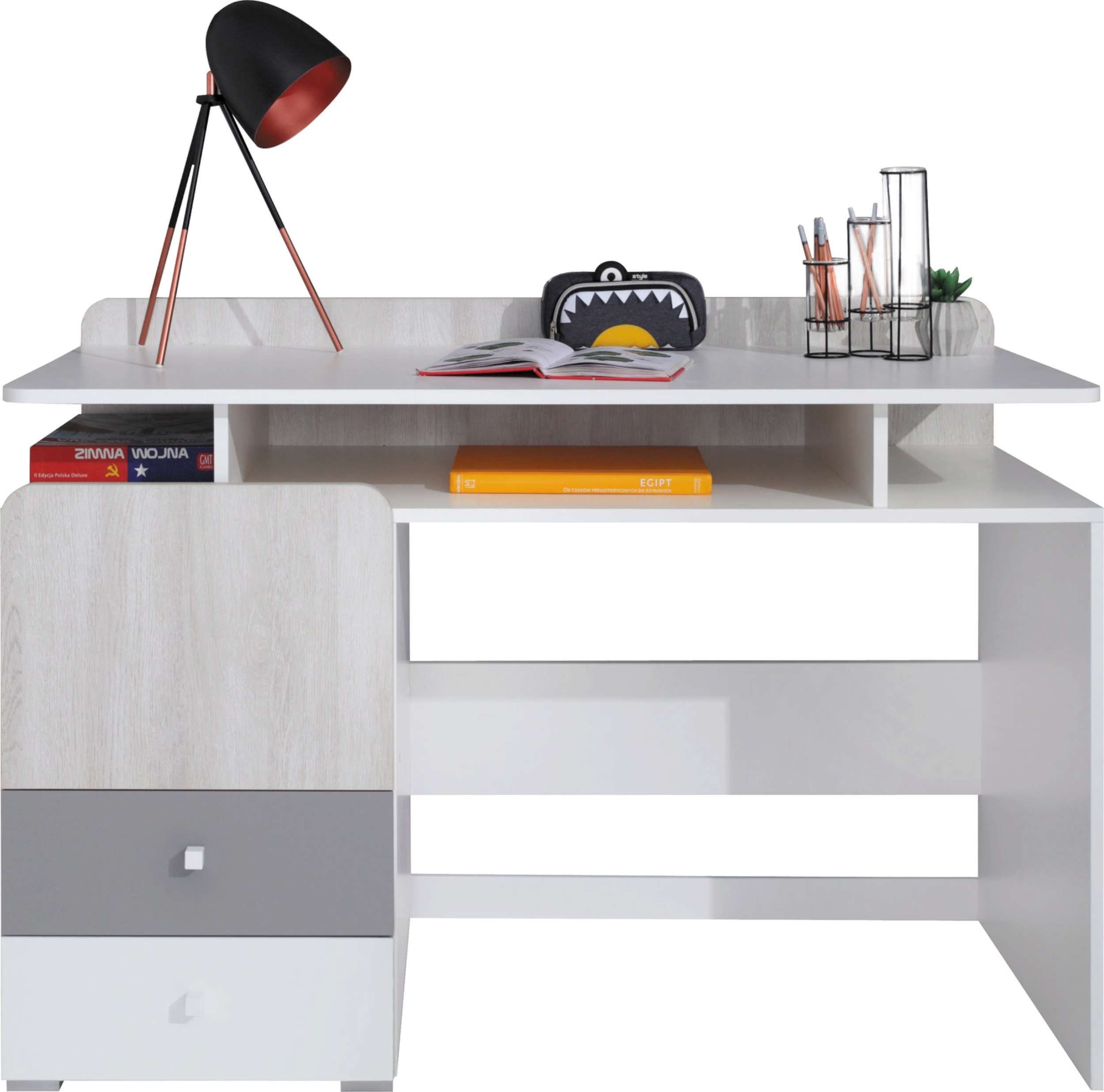 Stylefy Schreibtisch Rono Weiss viel Spanplatte, Eiche (Computertisch, Grau Stauraum, Modern Bürotisch), Hochglanz Wilton Schubladen, mit Design Weiß
