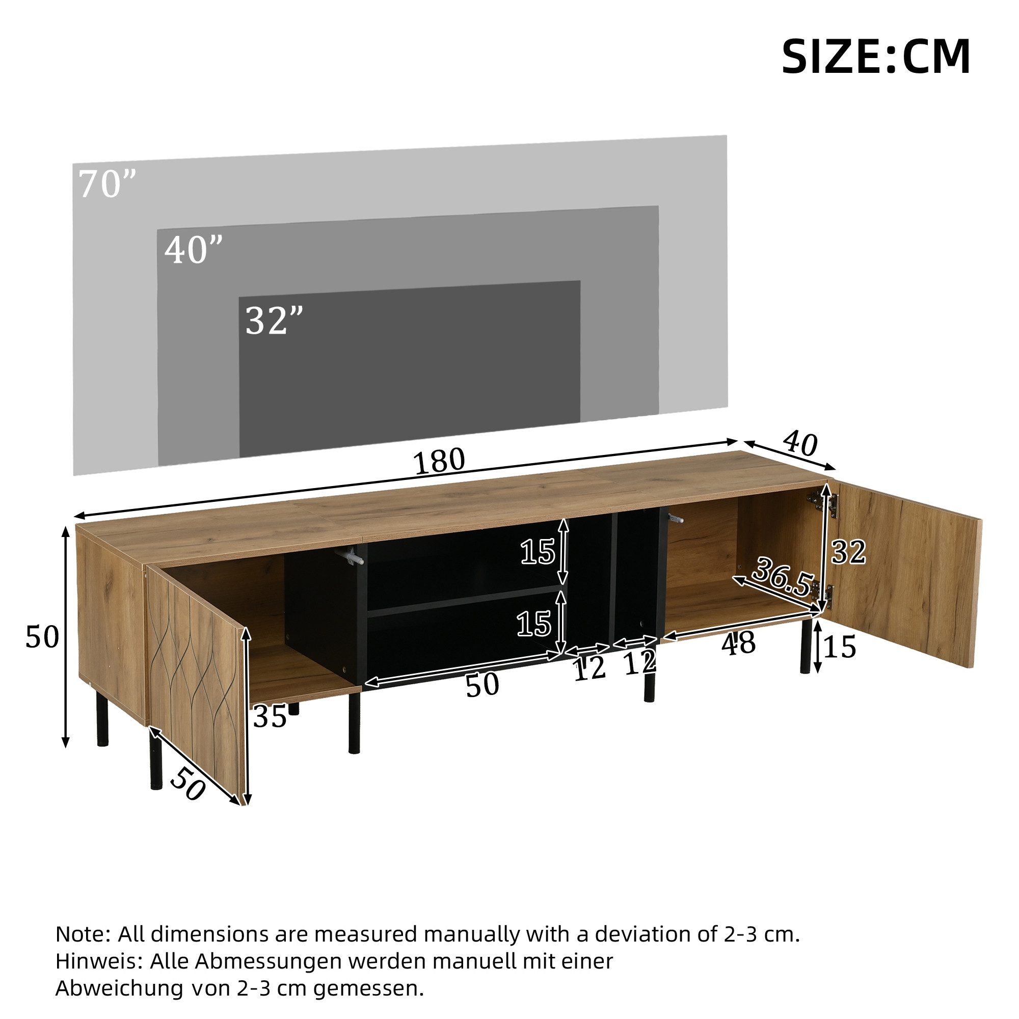 KLAM HOME Lowboard Griffloser TV-Schrank 180cm für 70-Zoll Fernseher (Modernes Lowboard mit 2 Türen & 4 offenen Fächern), Fernsehtisch mit Saugroboter-Abstand und Kabeldurchführung