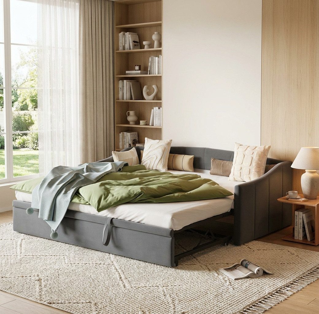 PXloue Polsterbett Daybett Tagesbett Ausziehbett (Ohne Matratze), Schlafsofa,mit Unterbett 90x200cm/180x200cm und Lattenrost,Samt