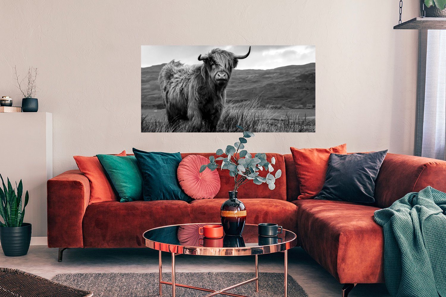 MuchoWow Poster Schottischer Highlander - Berg - Wasser - Natur - Kuh, (1 St), Bild für Wohnzimmer, Schlafzimmer, Wandposter, Ohne Rahmen, Wanddeko