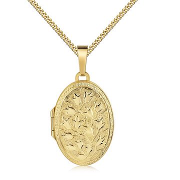 JEVELION Kette mit Anhänger Gold 333 Medaillon Anhänger für Bilder und Fotos mit Blumen-Ornament (Goldamulett, für Damen und Mädchen), Mit Halskette vergoldet - Länge wählbar 36 - 70 cm oder ohne Kette.