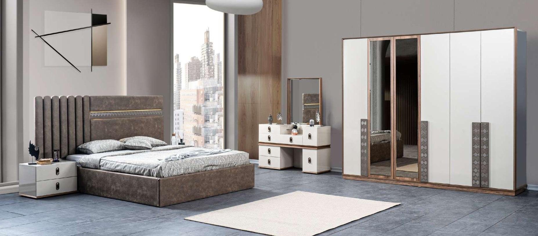 JVmoebel Schlafzimmer-Set Design Bett 2x Nachttische Schminktisch mit Spiegel Italienische Stil, (5-St., Bett + 2x Nachttische + Kleiderschrank + Schminktisch), Made in Europe