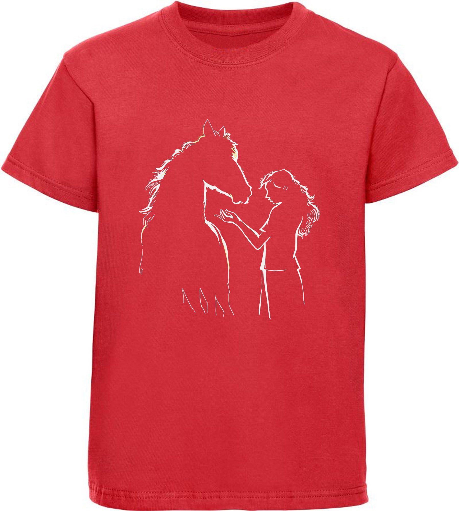 MyDesign24 Print-Shirt bedrucktes Mädchen T-Shirt Pferde Silhouette mit Frau Baumwollshirt mit Aufdruck, i139 rot | T-Shirts