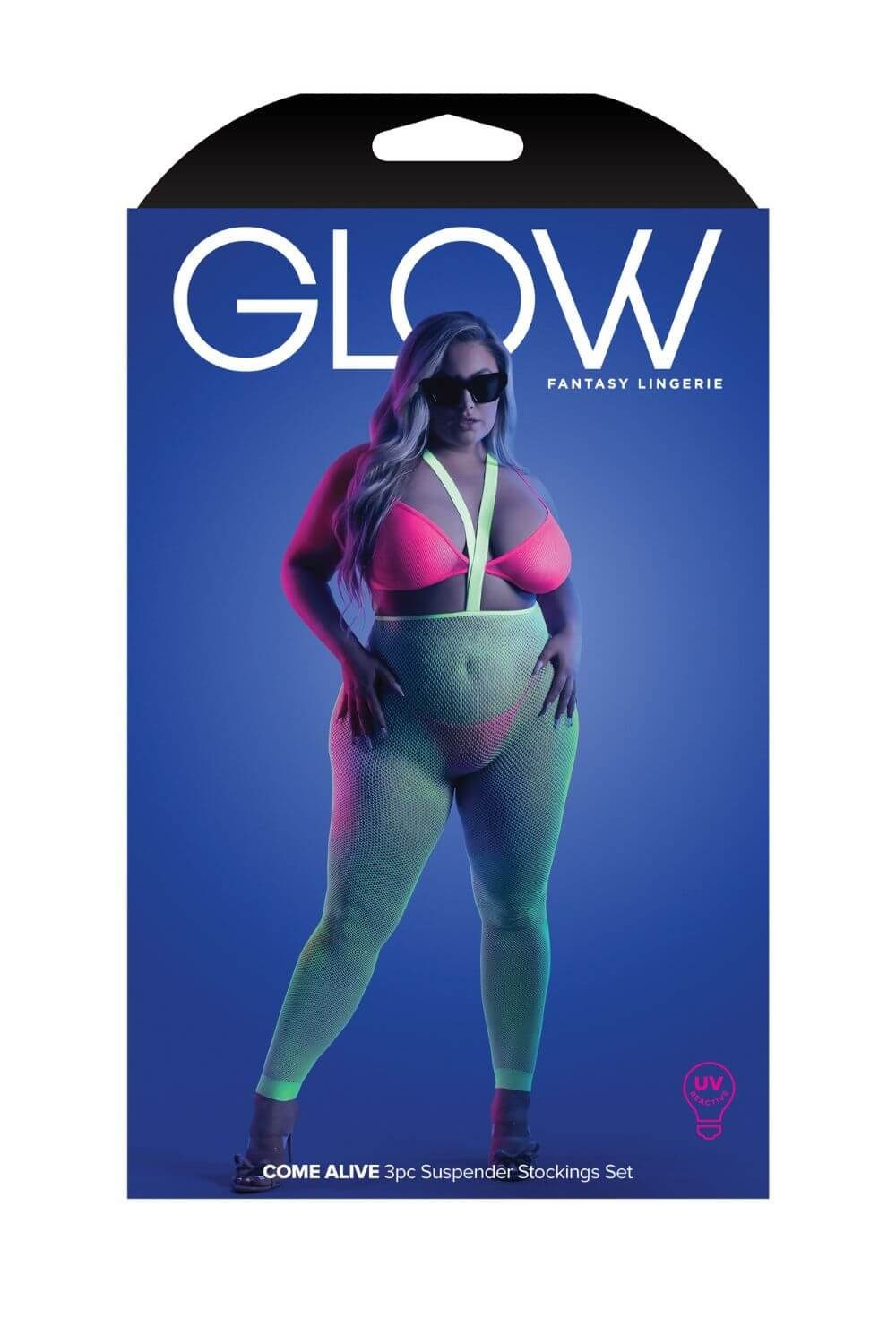 GLOW Fantasy Lingerie Bodystocking Bralette, G-String und Strapsstrümpfe fluoreszierend Plus Size