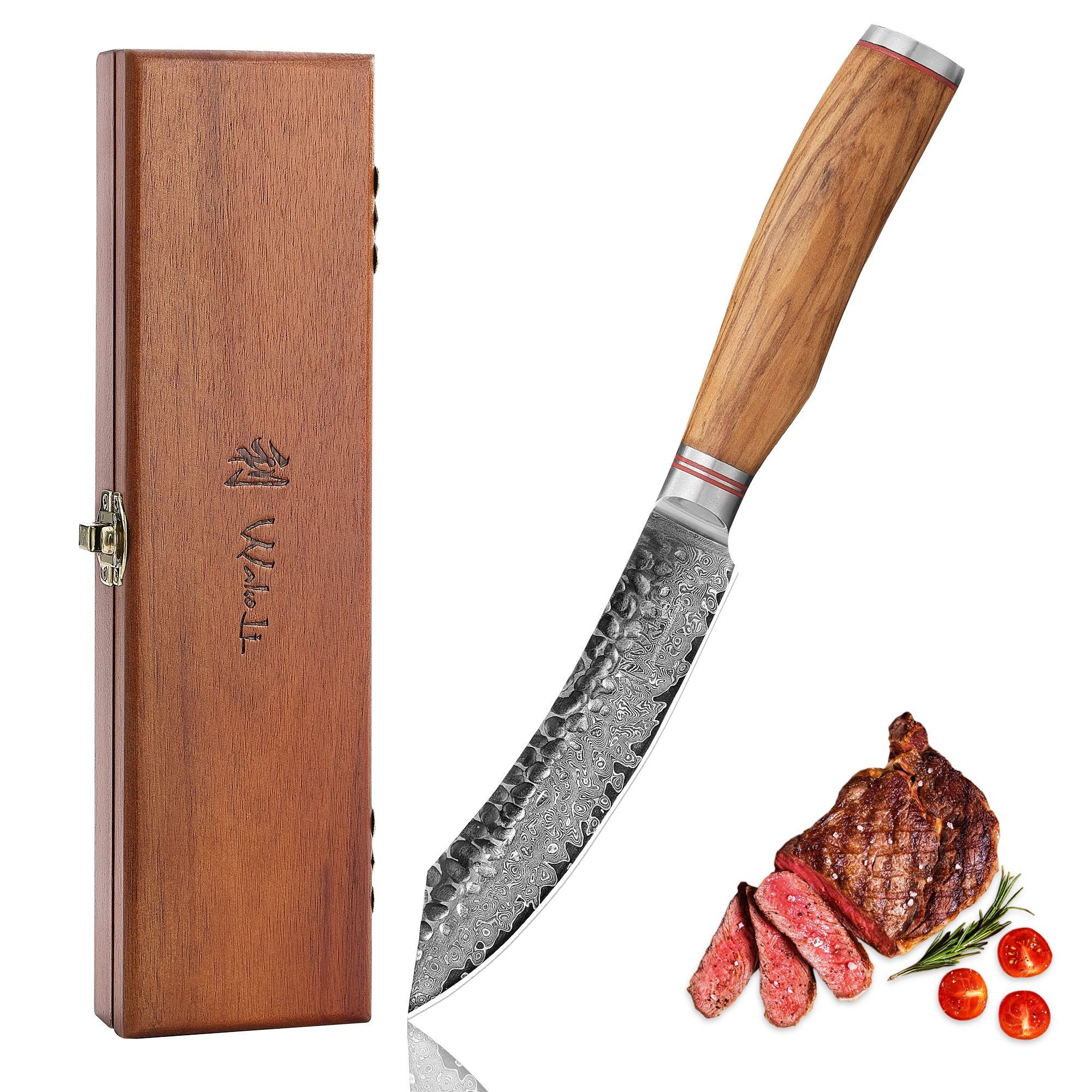 Wakoli Steakmesser aus echtem Damaststahl I 12,5 cm Klinge Hammerschlag Olivenholzgriff