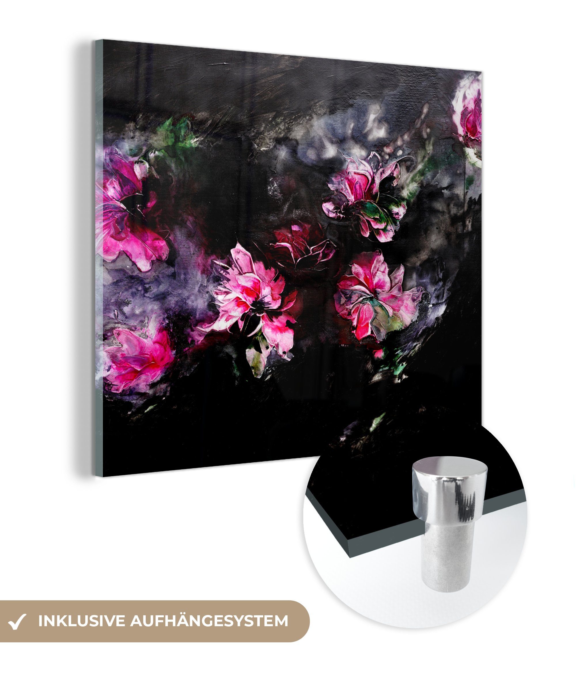 Foto Schwarz, (1 auf Glas Glasbilder - Bilder MuchoWow - - Wandbild - Glas St), - Acrylglasbild - Rosa - Farbe Kunst Blumen Wanddekoration auf