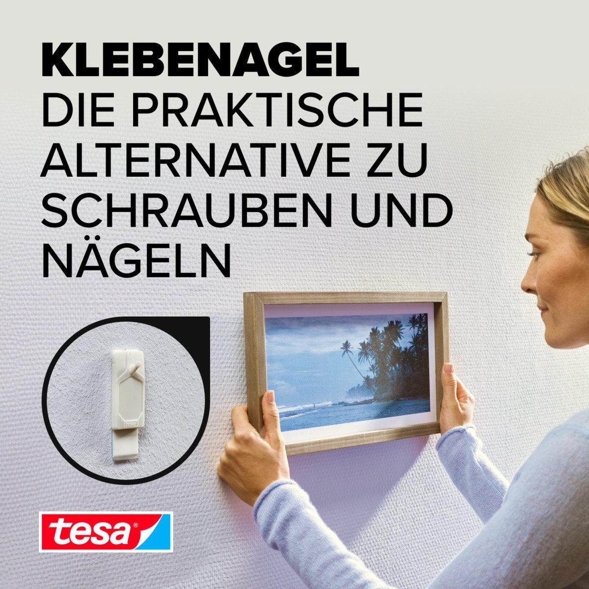 tesa Klebehaken tesa Klebenagel für Tapeten und Putz, 0,5 kg Halteleistung pro Nagel, (8-St), selbstklebende Nägel für empfindliche Oberflächen - rückstandslos