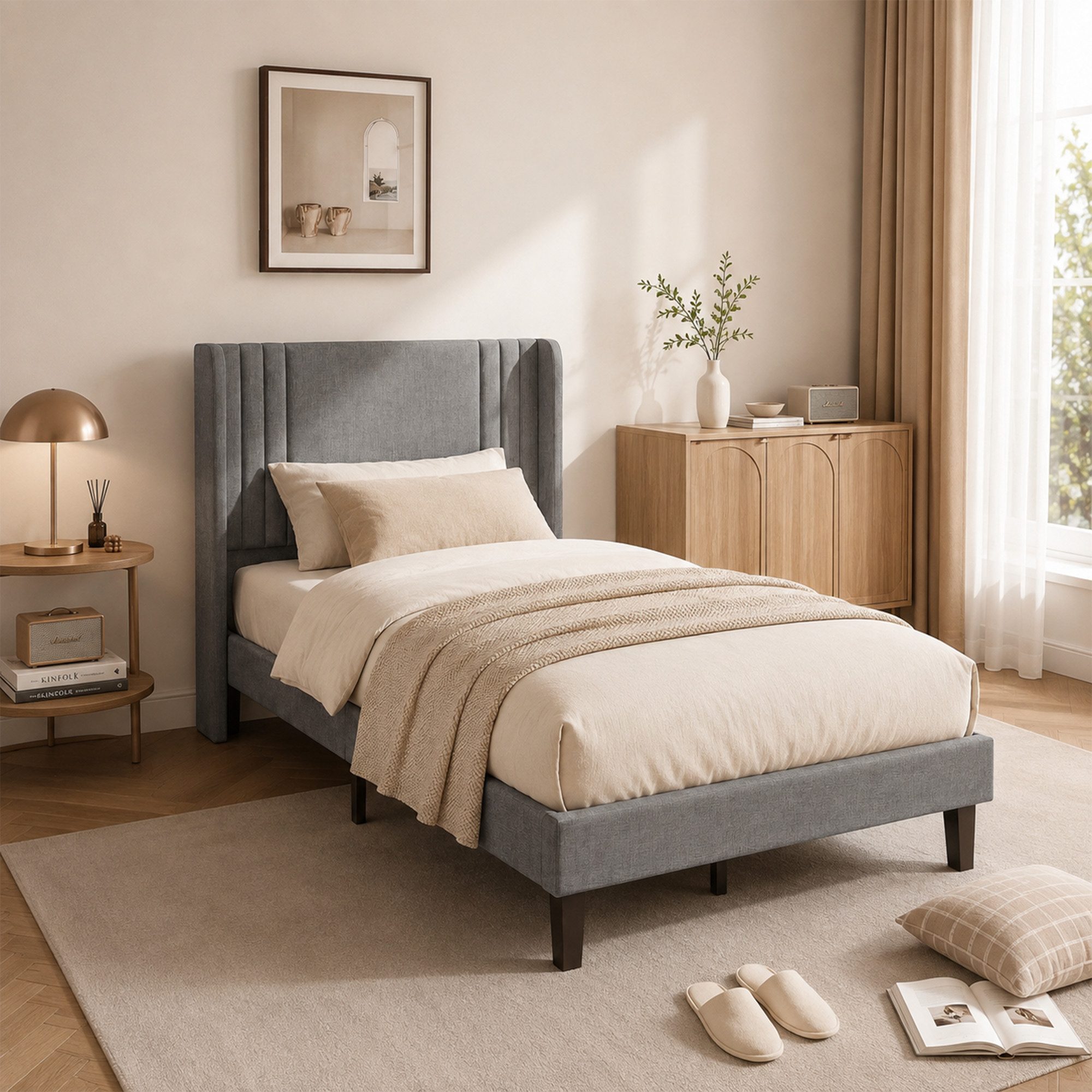 Simurq Einzelbett Polsterbett 90x200 mit Leinenbezug, Einzelbett mit Lattenrost (Gästebett, Lattenrost und 15 cm Bodenfreiheit), Jugendbett Beige oder Grau – Bild 2 von 5