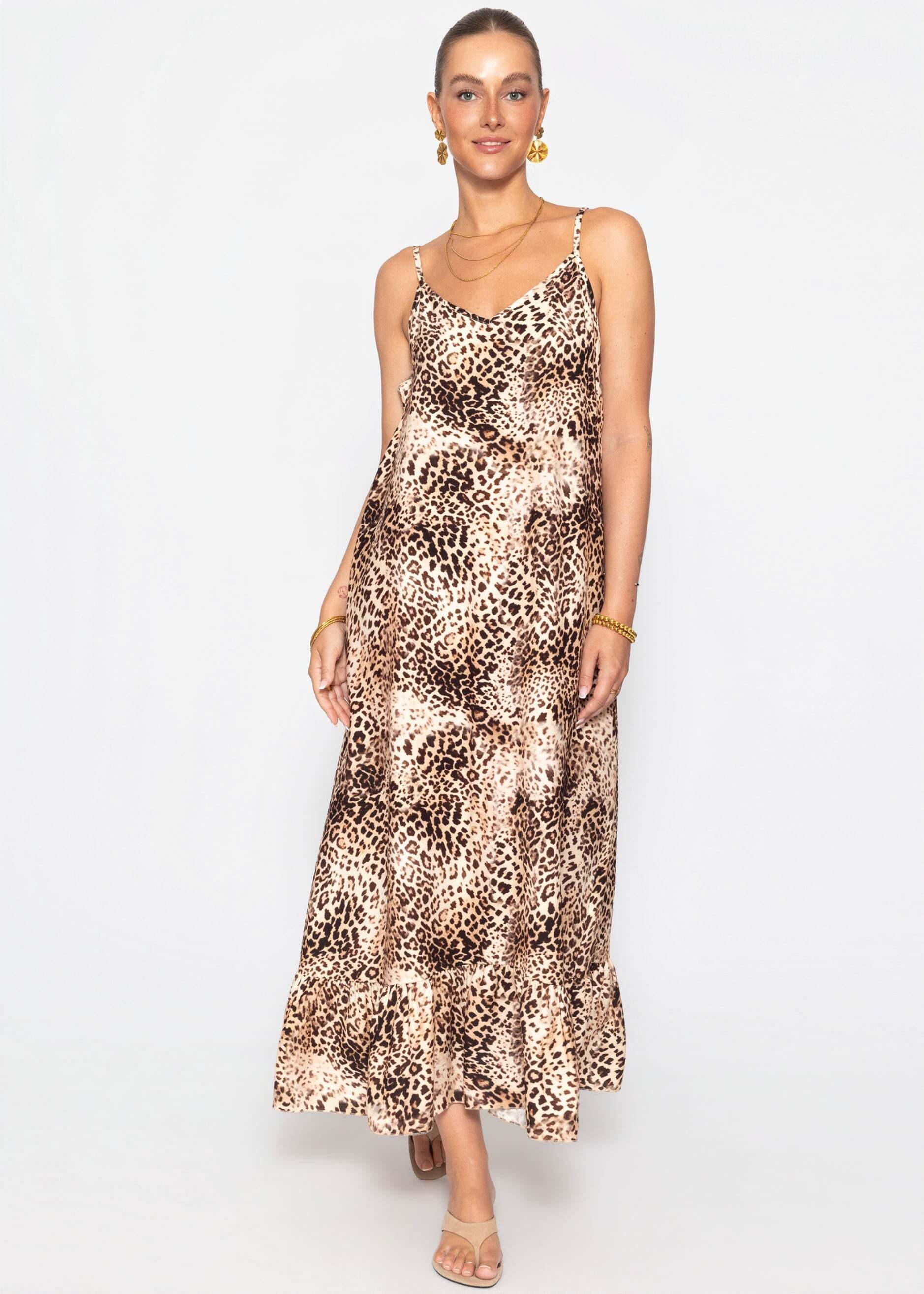 SASSYCLASSY Maxikleid Maxikleid mit Leo-Muster für Damen Luftiges Trägerkleid mit Volantabschluss und V-Ausschnitt Braun