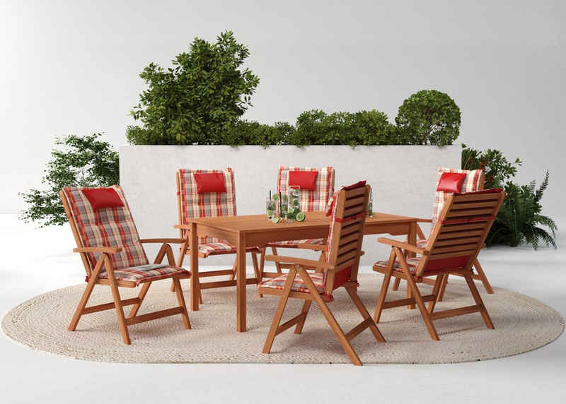 KONIFERA Garten-Essgruppe Brasilia, (Set, 13-tlg., 6x Stuhl, 1x Tisch 160x90x74 cm, inkl. Auflagen, Стільці sind klappbar), zertifiziertes Eukalyptus, Rückenlehne ist 5-fach verstellbar