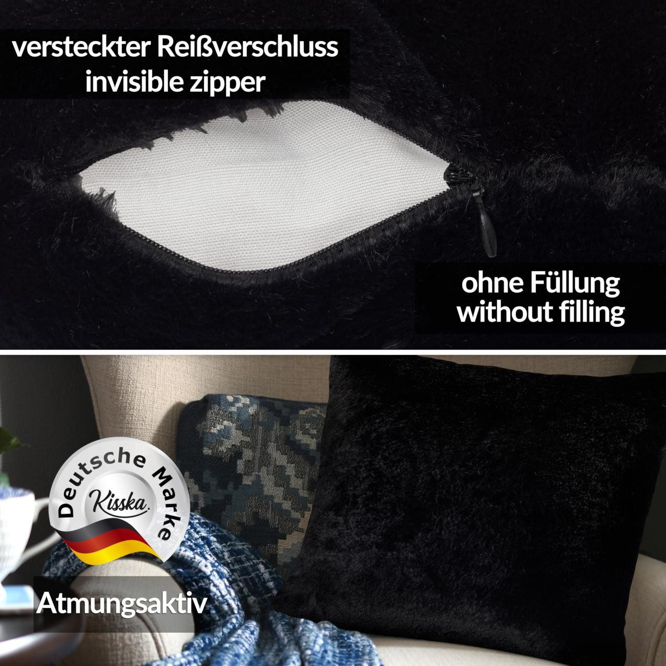 ANRO Dekokissen PLÜSCH Bär Schlicht Kunstfell Sofakissen Kuschelkissen Flauschig, sehr weich & kuschelig 40x40cm OHNE Füllung Uni-Einfarbig Schwarz – Bild 3 von 5