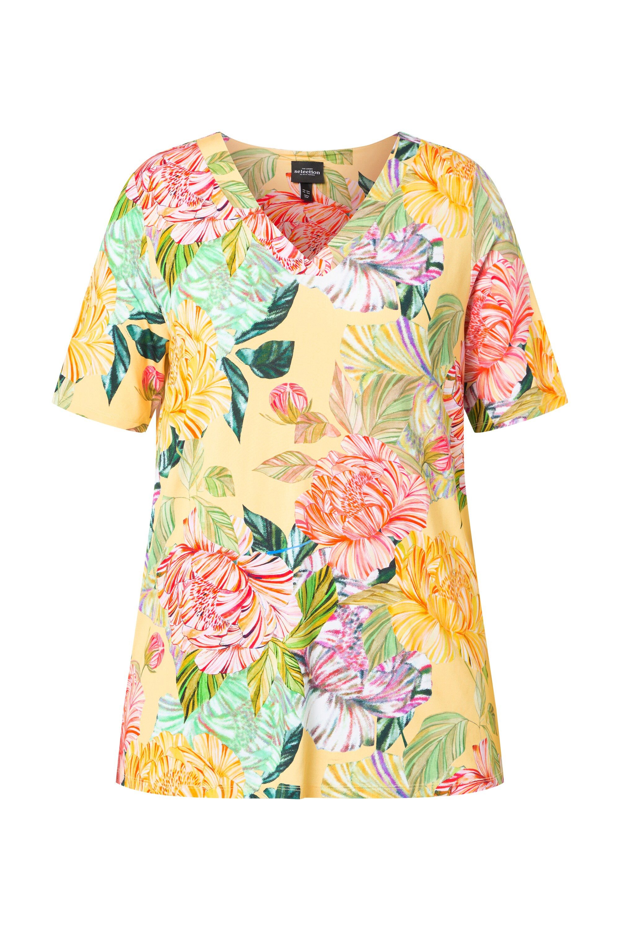 Ulla Popken T-Shirt Slinky-Shirt Blüten A-Linie V-Ausschnitt Halbarm günstig online kaufen
