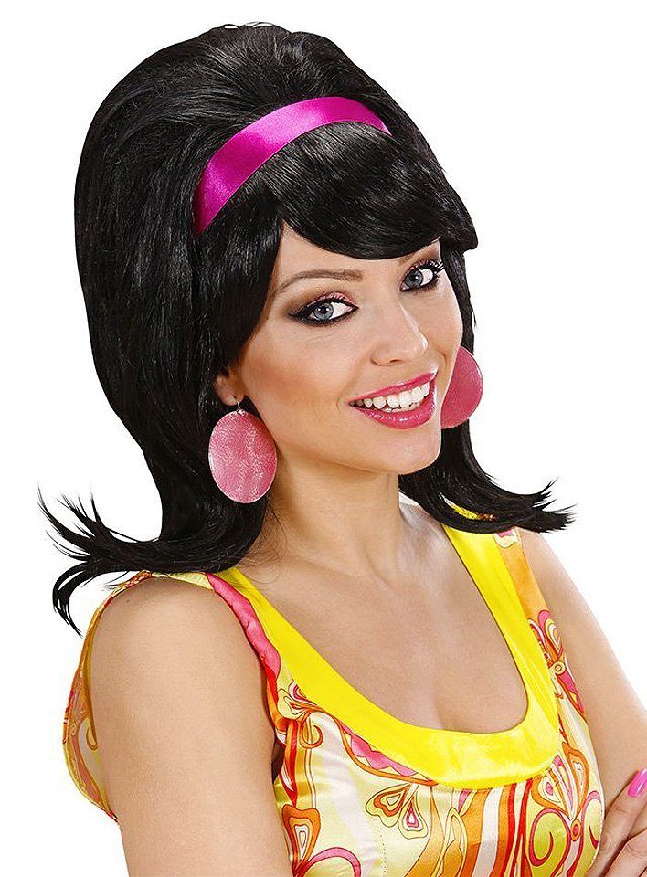 Widdmann Kostüm-Perücke 60er Perücke toupiert schwarz - für Fasching, Schwarze Perücke für Frauen im Stile der 60s