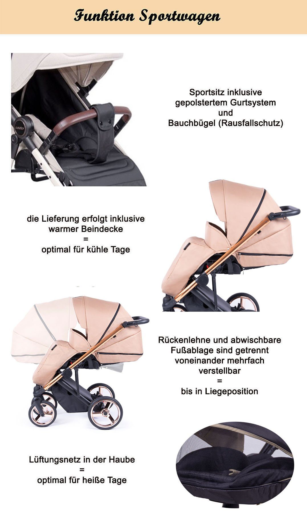 babies-on-wheels Kombi-Kinderwagen 2 in Kinderwagen-Set 14 in Designs - Fado Teile Gestell 1 - = Creme gold 24