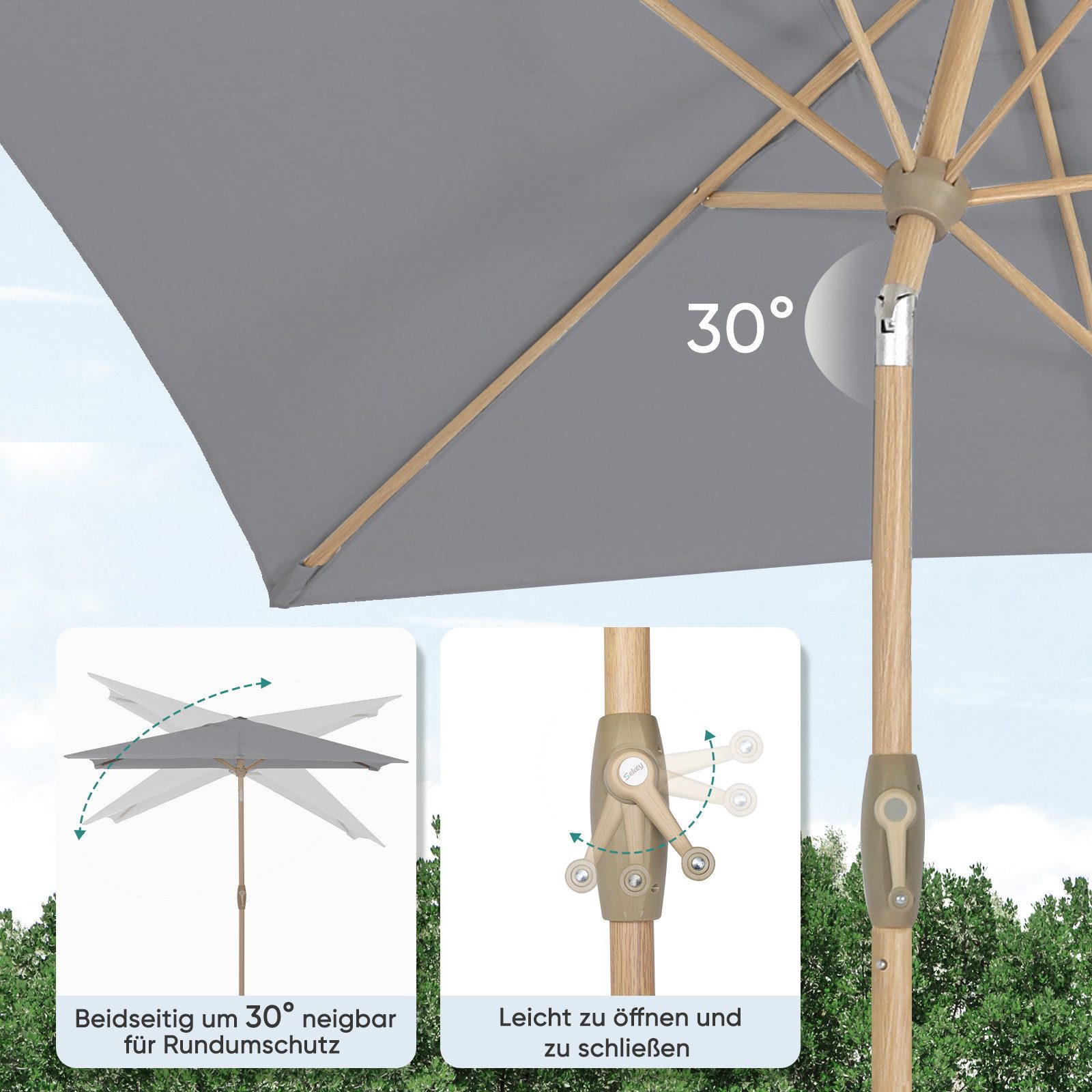 Sekey Sonnenschirm 210 x 140cm Aluminium Balkonschirm Rechteckig in Holzoptik, mit Kurbel, LxB: 210,00x140,00 cm, Sonnenschutz UV50+ – Bild 5 von 5