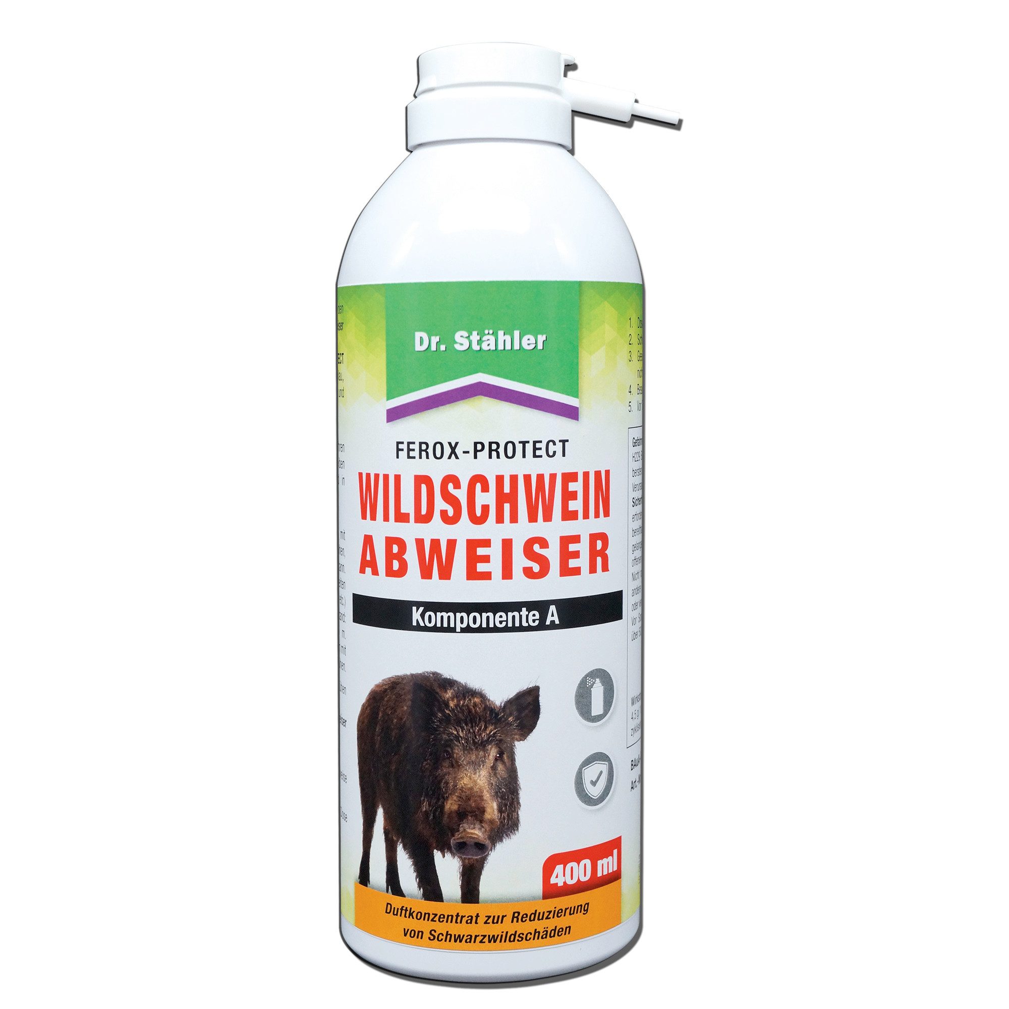 Dr. Stähler Vergrämungsmittel Ferox-Protect Wildschweinabweiser Spray - Komponente A, 400 ml, Wechselweise Anwendung mit Komponente B empfohlen, 1-St., Spray für Aluminiumstreifen mit Filzdepot, Schutz für Garten, Felder, Grundstück, Forst und Waldrand