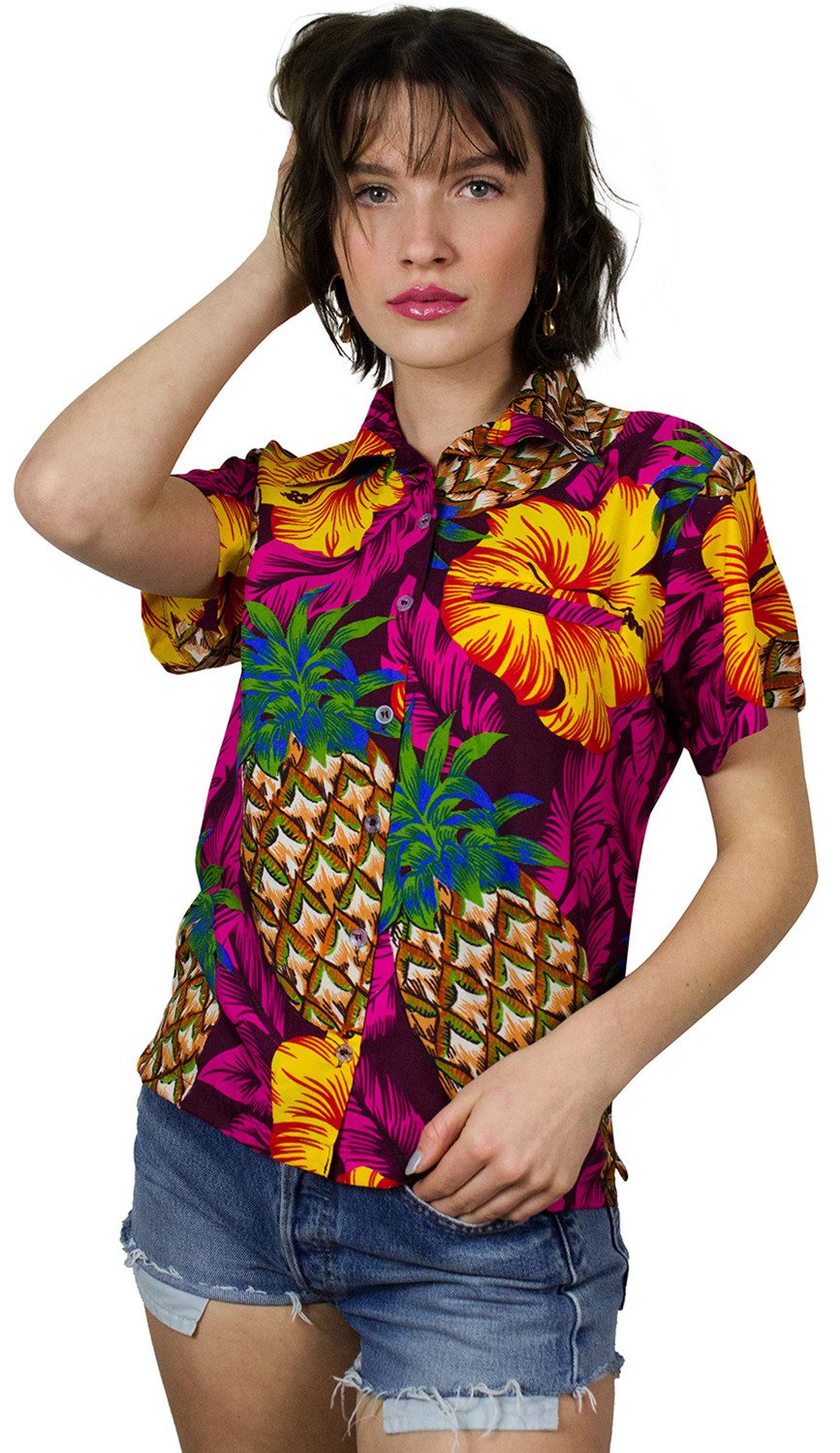 Hawaiihemd Pineapple Hibiscus Funky Hawaiibluse Damen Kurzarm Front-Tasche