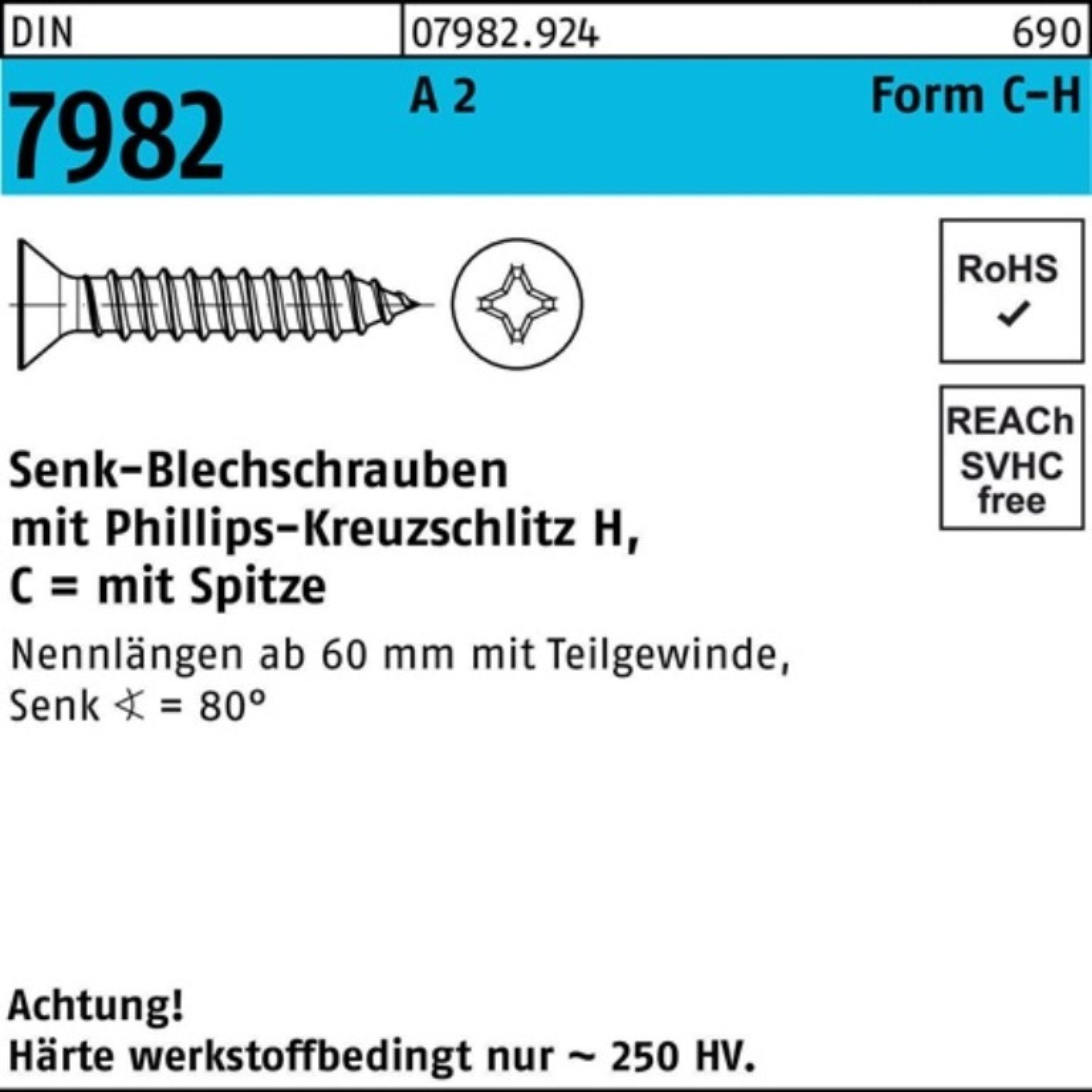 A Pack Schraube 2 C 100 4,2x PH/Spitze DIN 100er 7982 38-H St Senkblechschraube Reyher