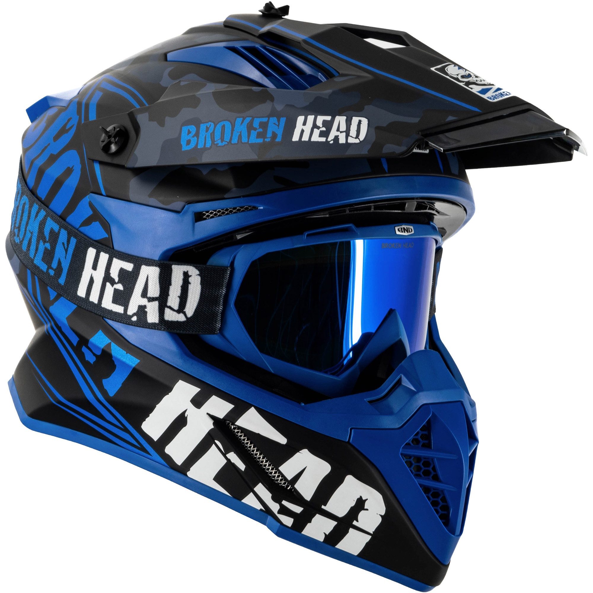 Broken Head Motocrosshelm Squadron Blau (Mit MX-2 Brille Blau Verspiegelt), Zwei Verschlüsse