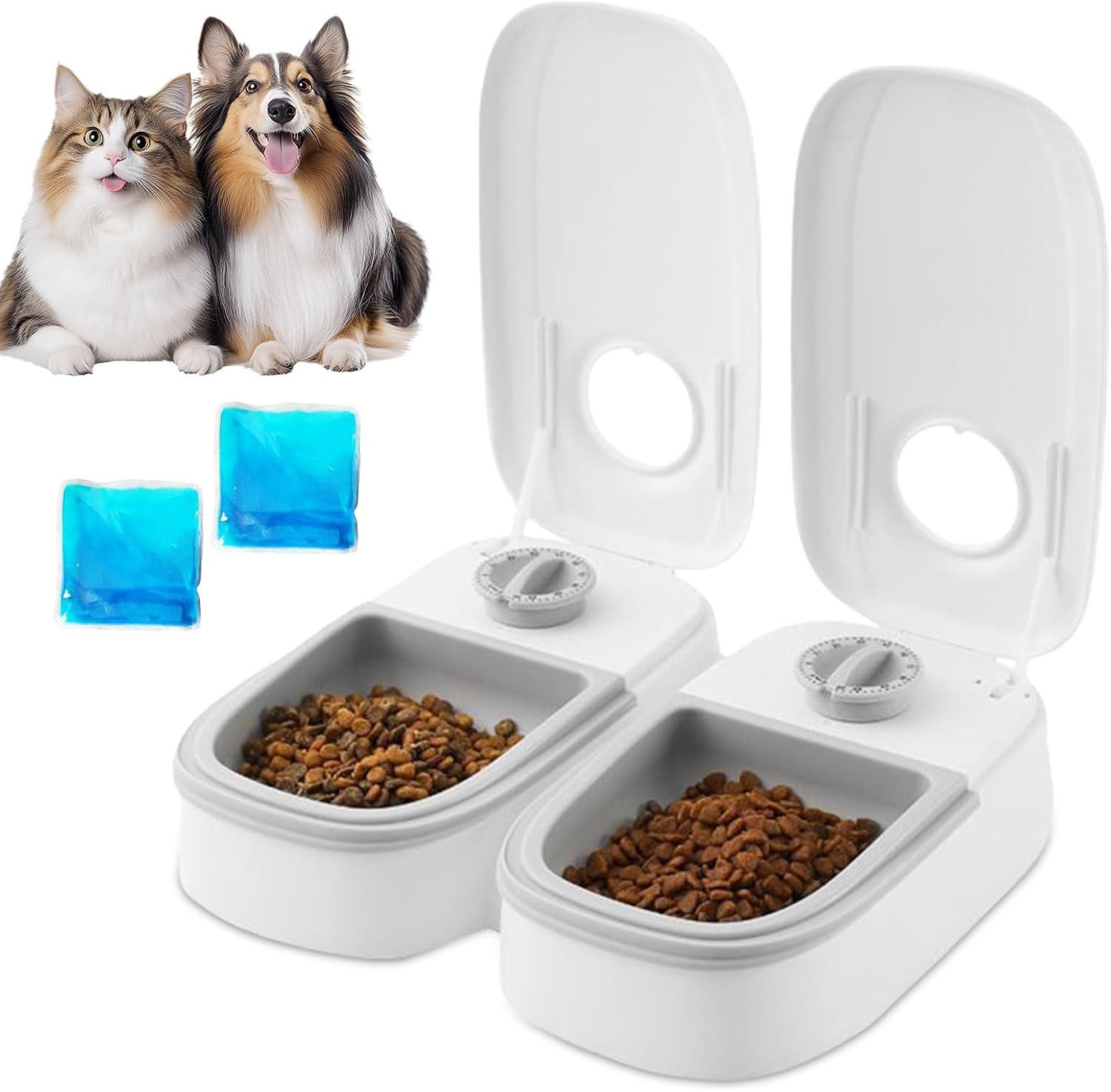 FELIXLEO Fisch-Futterspender Futterautomat fuer 2 Mahlzeiten Katze Hund 48h Timer mit Ice Pack