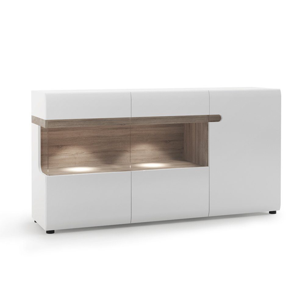 Lomadox Sideboard LEGNICA-129, mit Beleuchtung, weiß Hochglanz mit Eiche Nb., ca. 164/86,5/42 cm