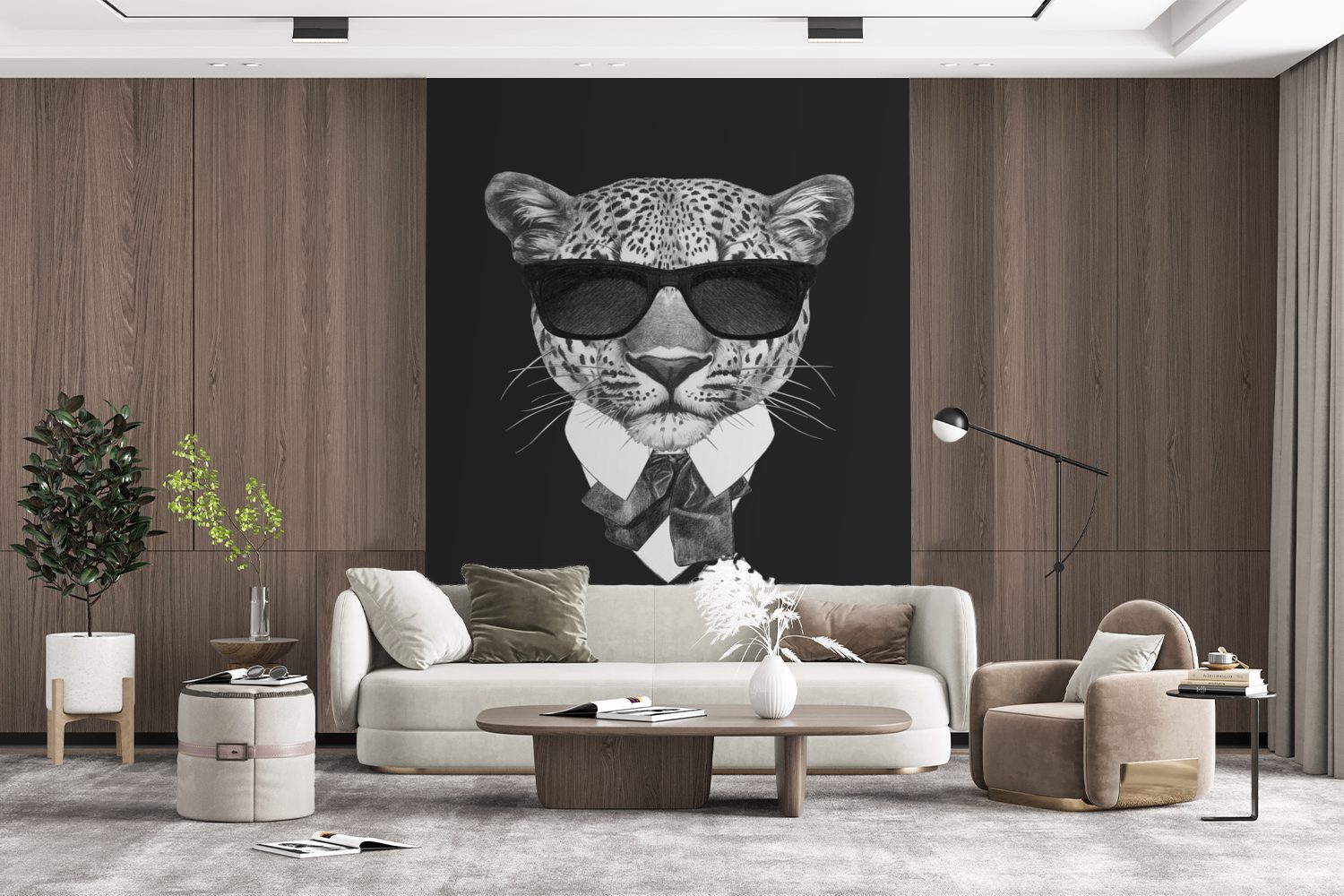 Matt, Fototapete Wandtapete Wohnzimmer, Tapete MuchoWow Sonnenbrille - für Leopard bedruckt, St), Montagefertig Pack, (4 Vinyl -