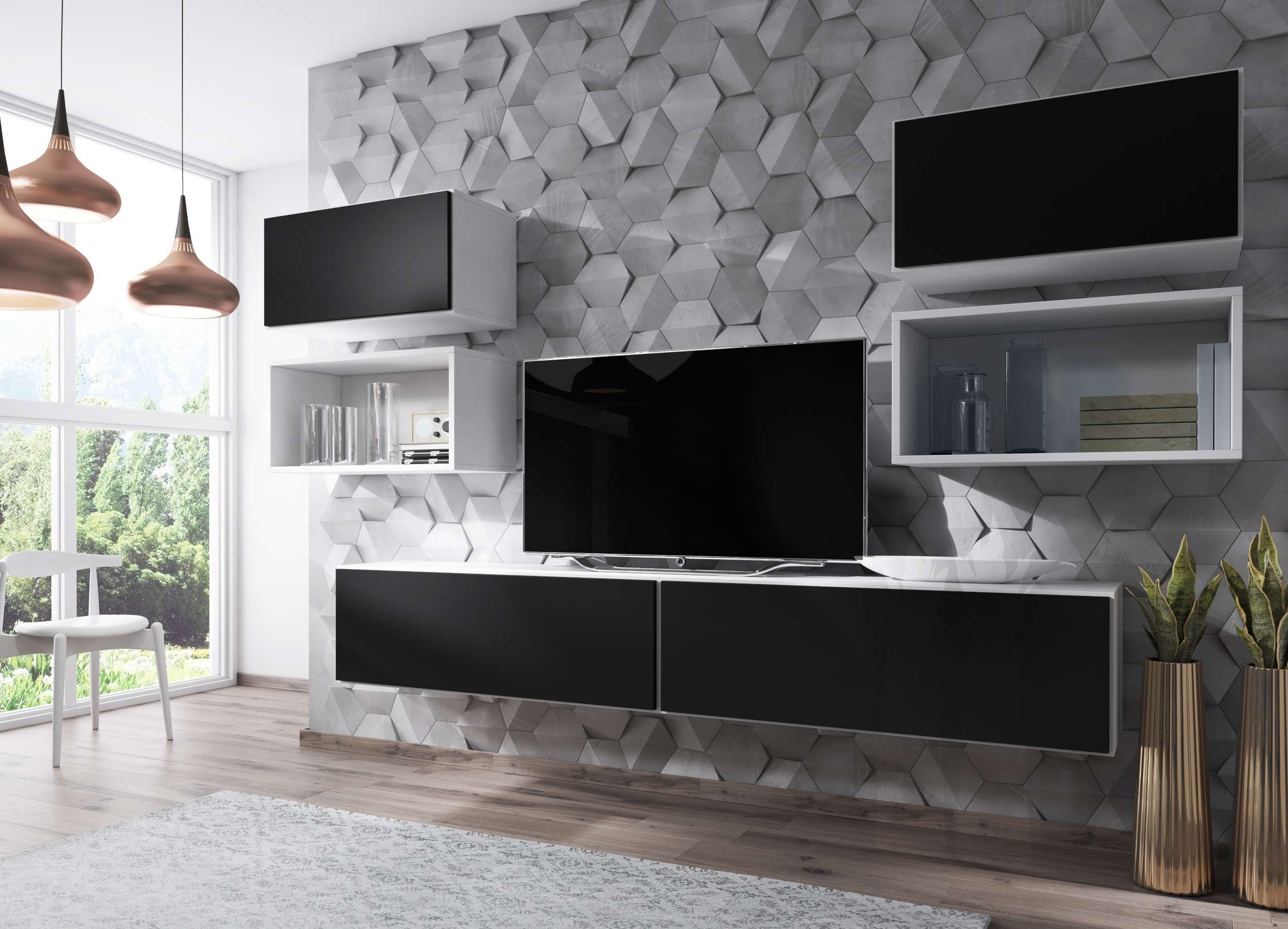 Stylefy Wohnwand Cono III, (Set (6-St), Wohnmöbel, Wohnzimmer-Set), bestehend aus 2xWandregal und 4xHängeschrank, mit Push-to-Open, Modern Design Weiß Matt - Schwarz Matt