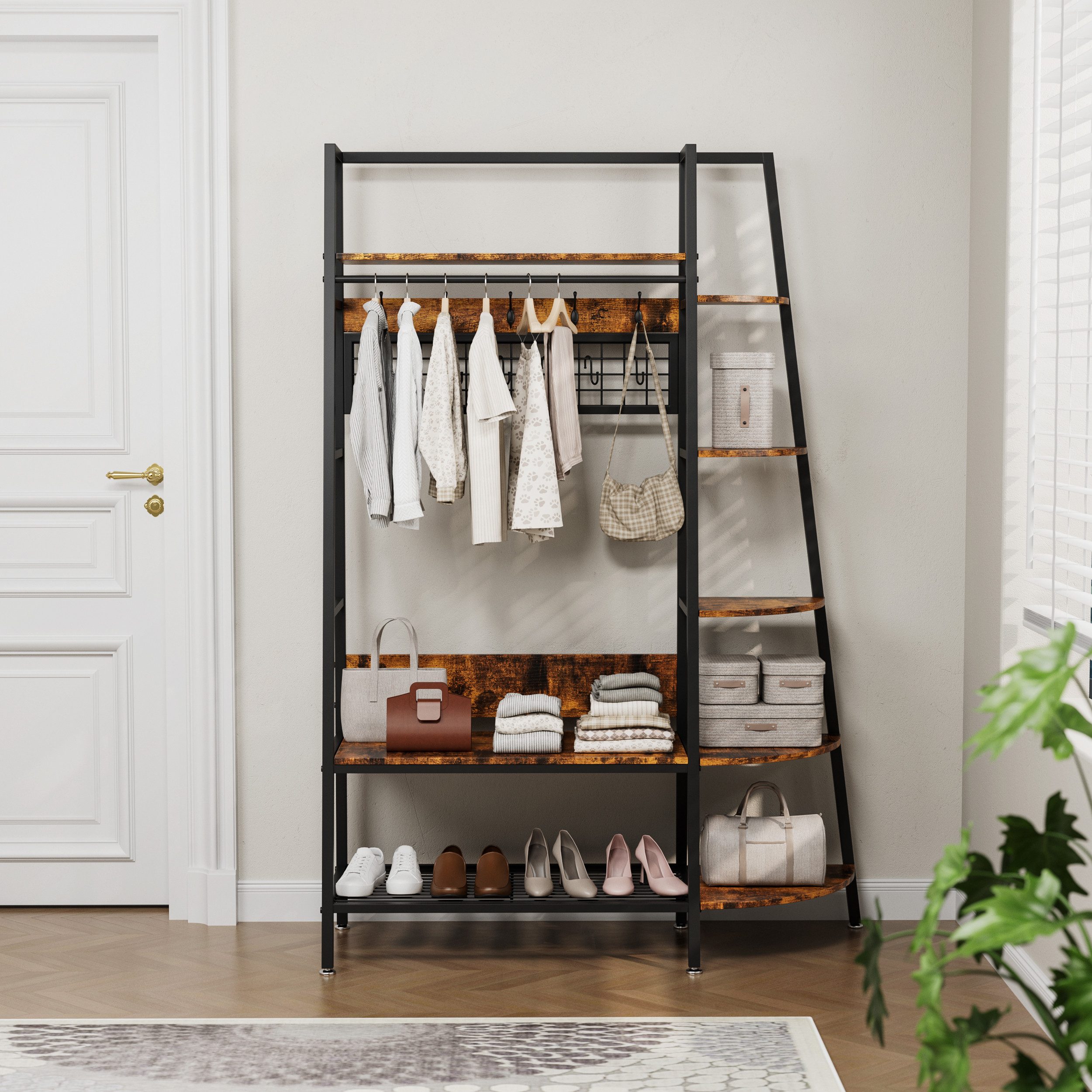MODFU Kleiderständer Industrie-Garderobenständer, Retro Braun, freistehend, mit Regalböden, (Garderobenständer, 1 St., Vielseitiger Kleider- & Schuh-Organizer), Ideal für Schlafzimmer, Wohnzimmer & Homeoffice