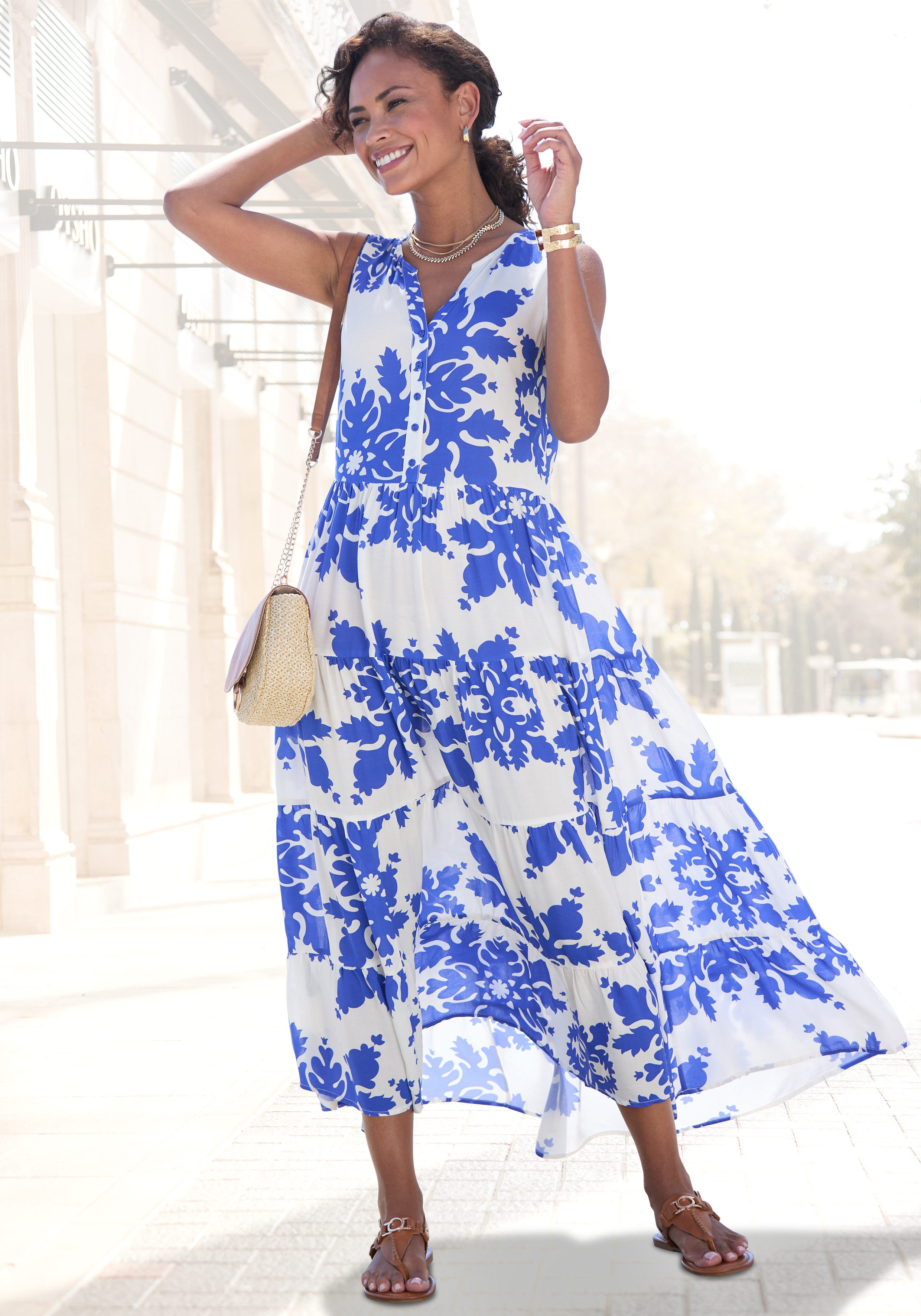 Vivance by Lascana Maxikleid mit Volants und Alloverdruck Ärmelloses Sommerkleid, Webkleid, Strandkleid, Druckkleid, Tunikakleid
