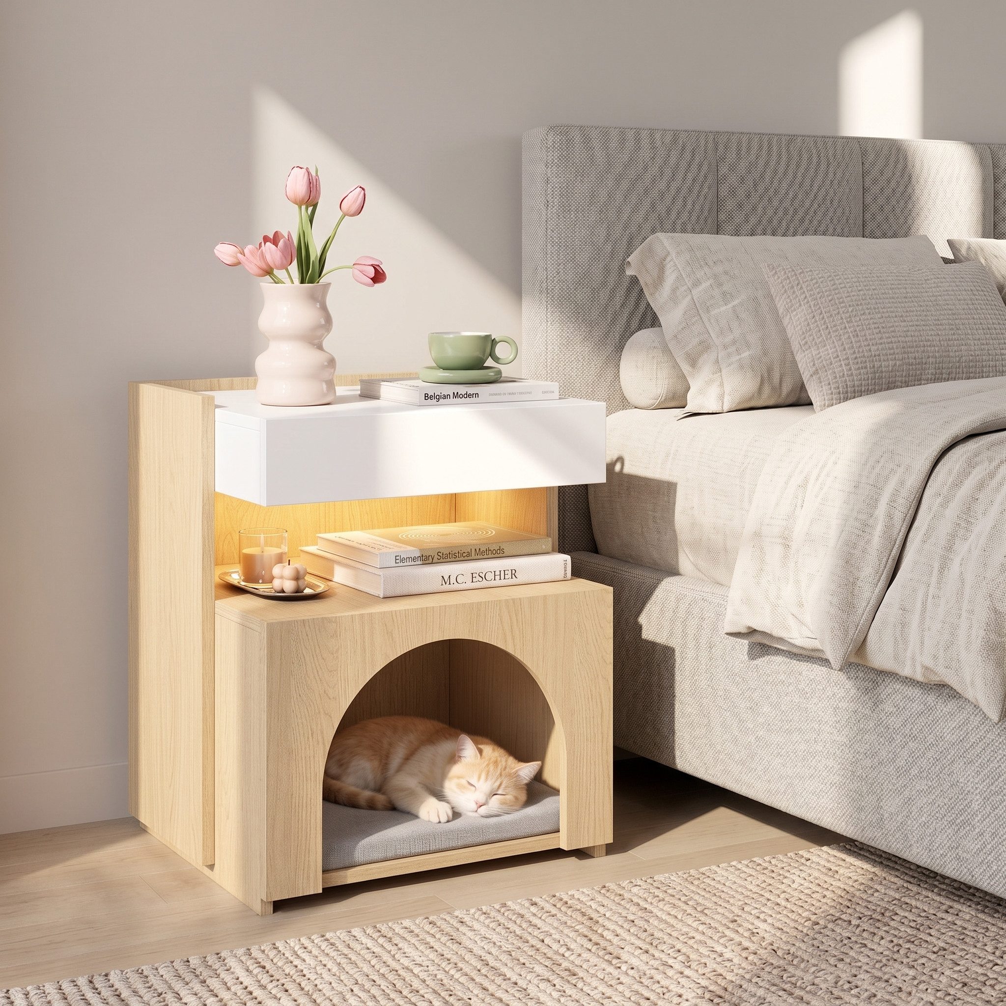 Flieks Nachttisch Beistelltisch mit Katzenbett, Haustiermöbel 47x39x58cm mit Schublade, Katzenhöhle, LED-Beleuchtung