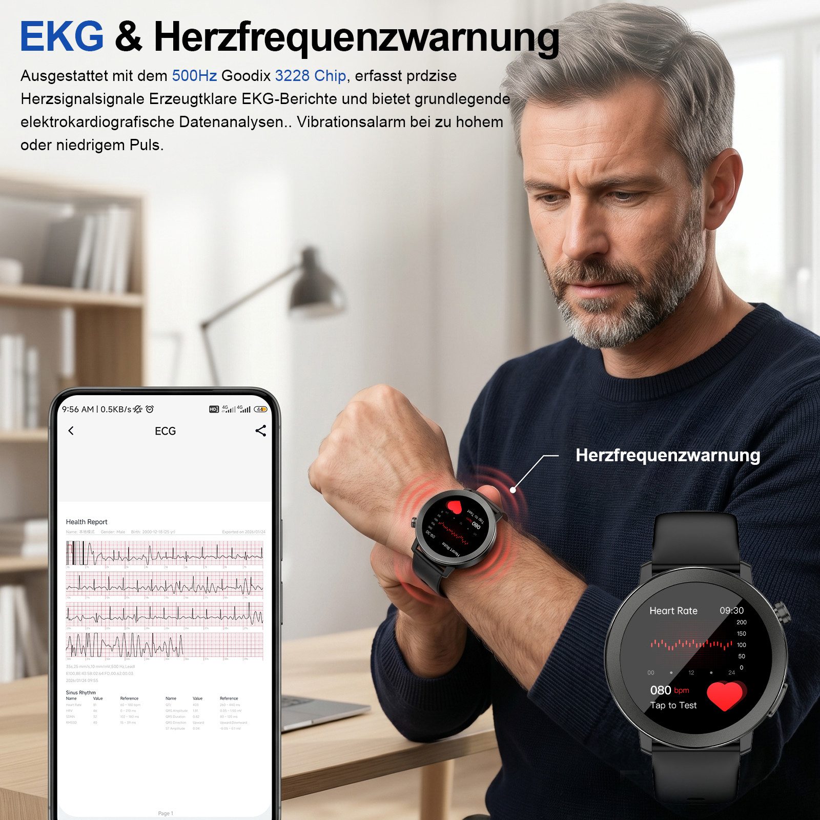ANYSUN Smartwatch Herren Damen,Fitness Tracker Uhr mit Telefonfunktion Smartwatch (4,1 cm/1,46 Zoll) Gesundheitsuhr mit EKG+HRV/Blutdruckmessung/BMI, mit SOS-Notruf, IP68 100+ Sportmodi,24/7 Herzfrequenz/Schlafmonitor/SpO2, Android/iOS