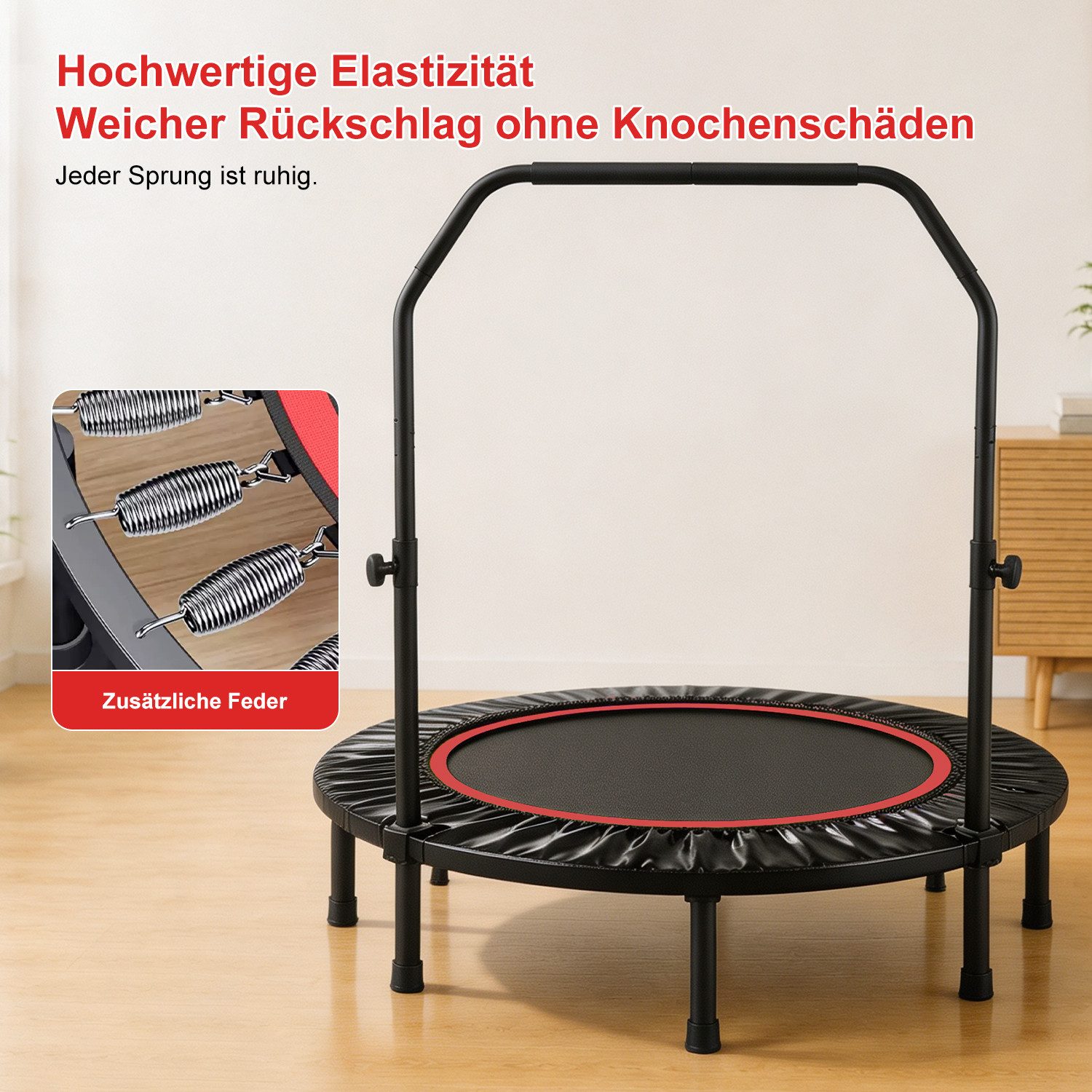 FOXSPORT Fitnesstrampolin Faltbar mit 3-stufig Höhenverstellbarer Haltestange, Ø 120 cm, Inclusief Beschermrand & Anti-Slip Grijpstang, Max. 100 kg – Bild 5 von 5