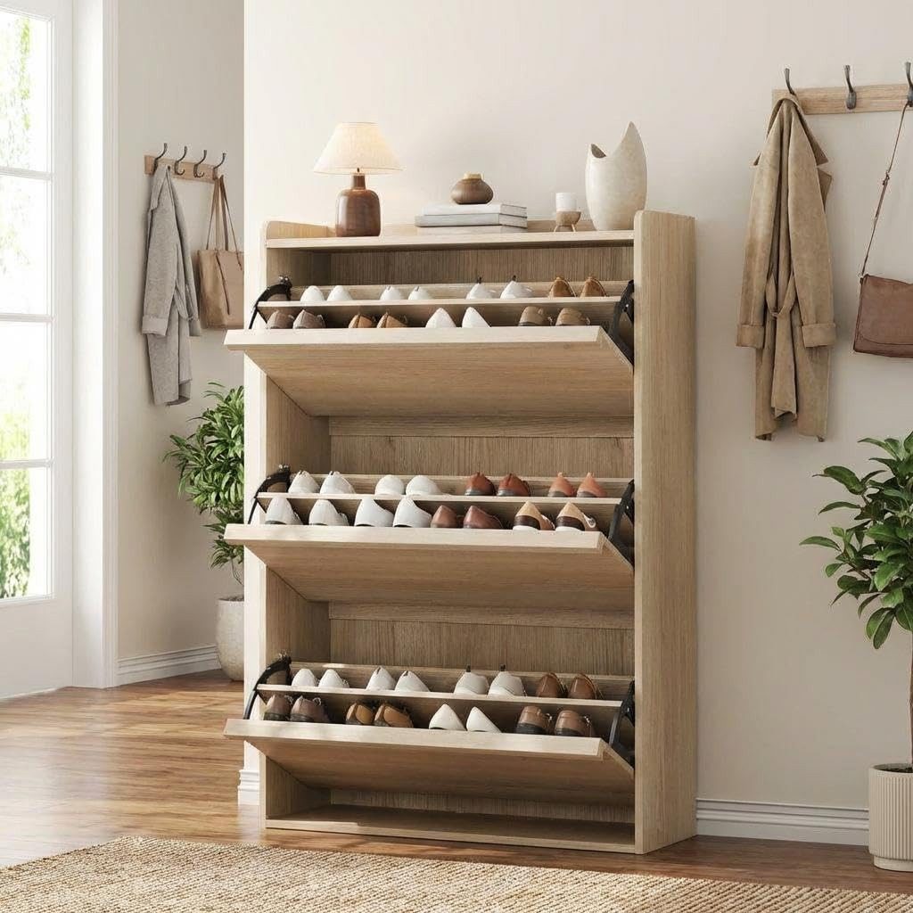 GarveeMore Schuhschrank Schuhregal aus Holz mit Klappschubladen Mit 3 oder 4 Klappen für 18–24 Paar Schuhe