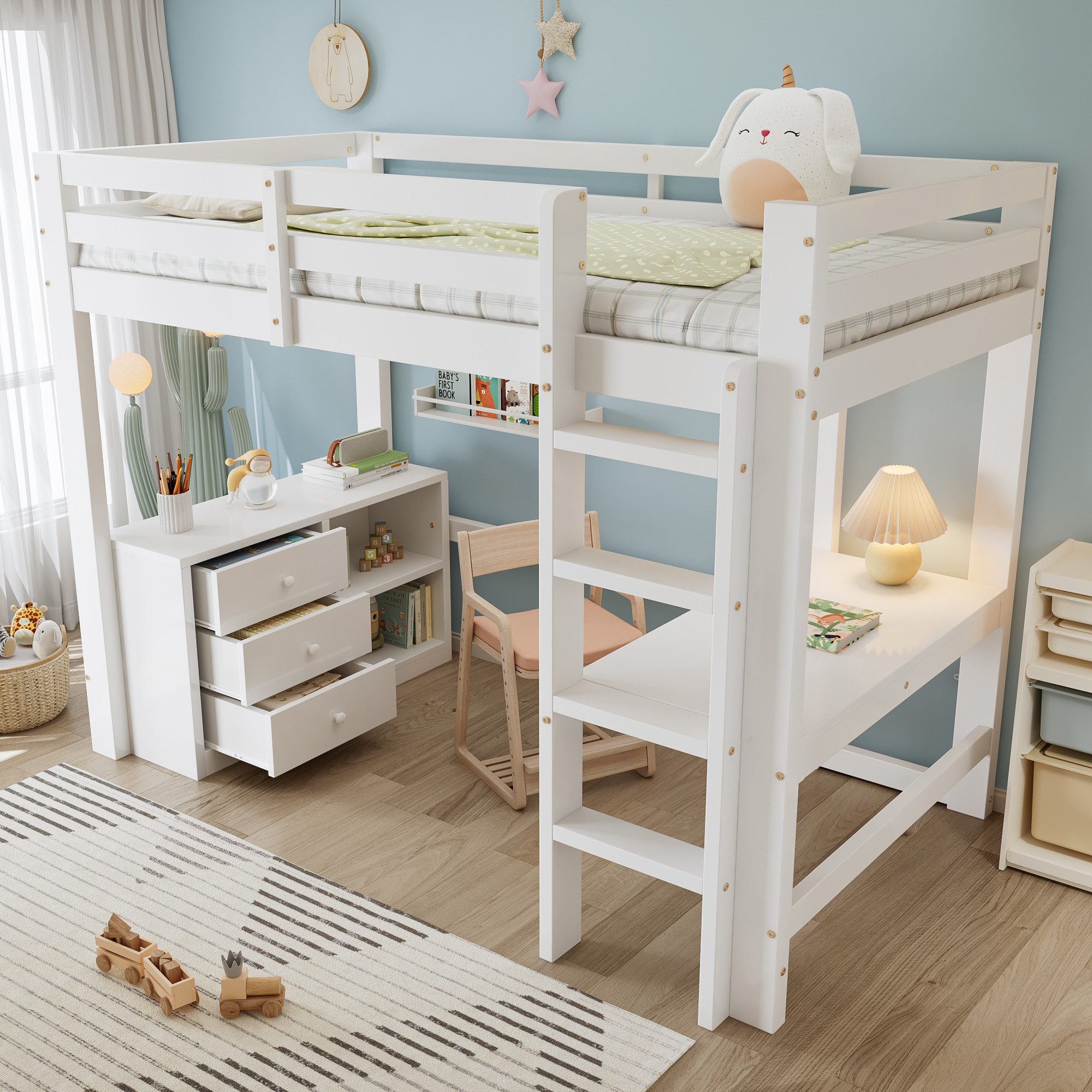 Merax Hochbett 90x200cm mit integriertem Schreibtisch (1-St., Jugendbett Einzelbett) Kiefer Kinderbett mit Schubladenschrank, Aufbewahrungsregal & Leiter