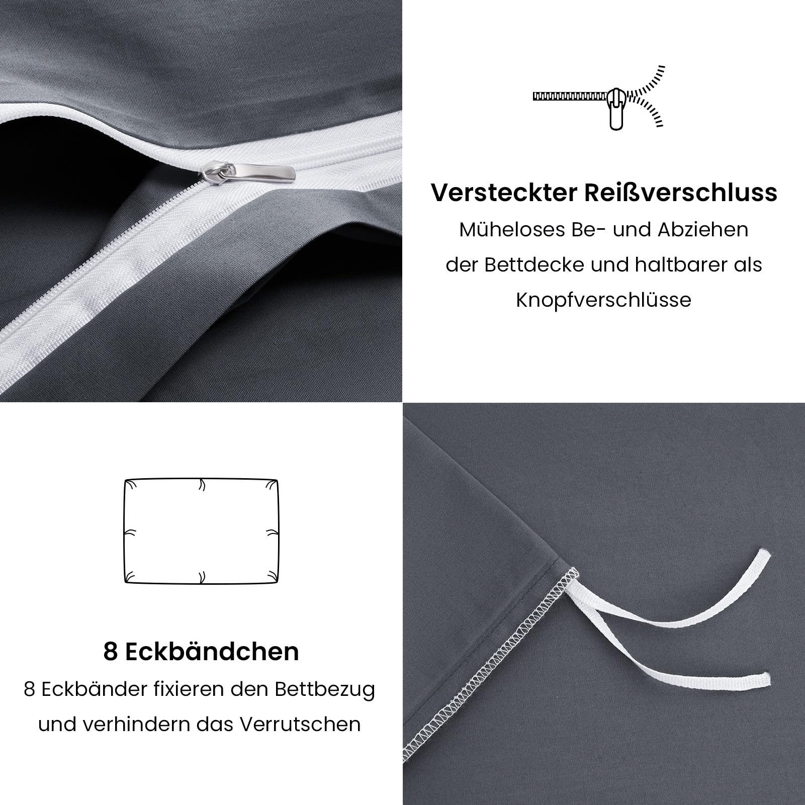 Topfinel Bettwäsche 135 x 200 baumwolle weich hautfreundlich Allergiker Baby ganzjährig, Baumwolle, 4 teilig, bettwäsche-sets 135 X 200 mit reißverschluss grau  – Bild 4 von 5