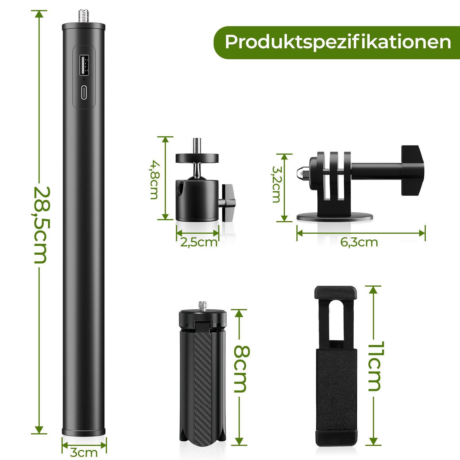 PFCTART 10000mAh Powerbank Handgriff mit Stativ & Handyhalter Handstativ (PD 18W Schnellladen, 1/4 Zoll Gewinde, USB-C, bis 3 kg Tragkraft)