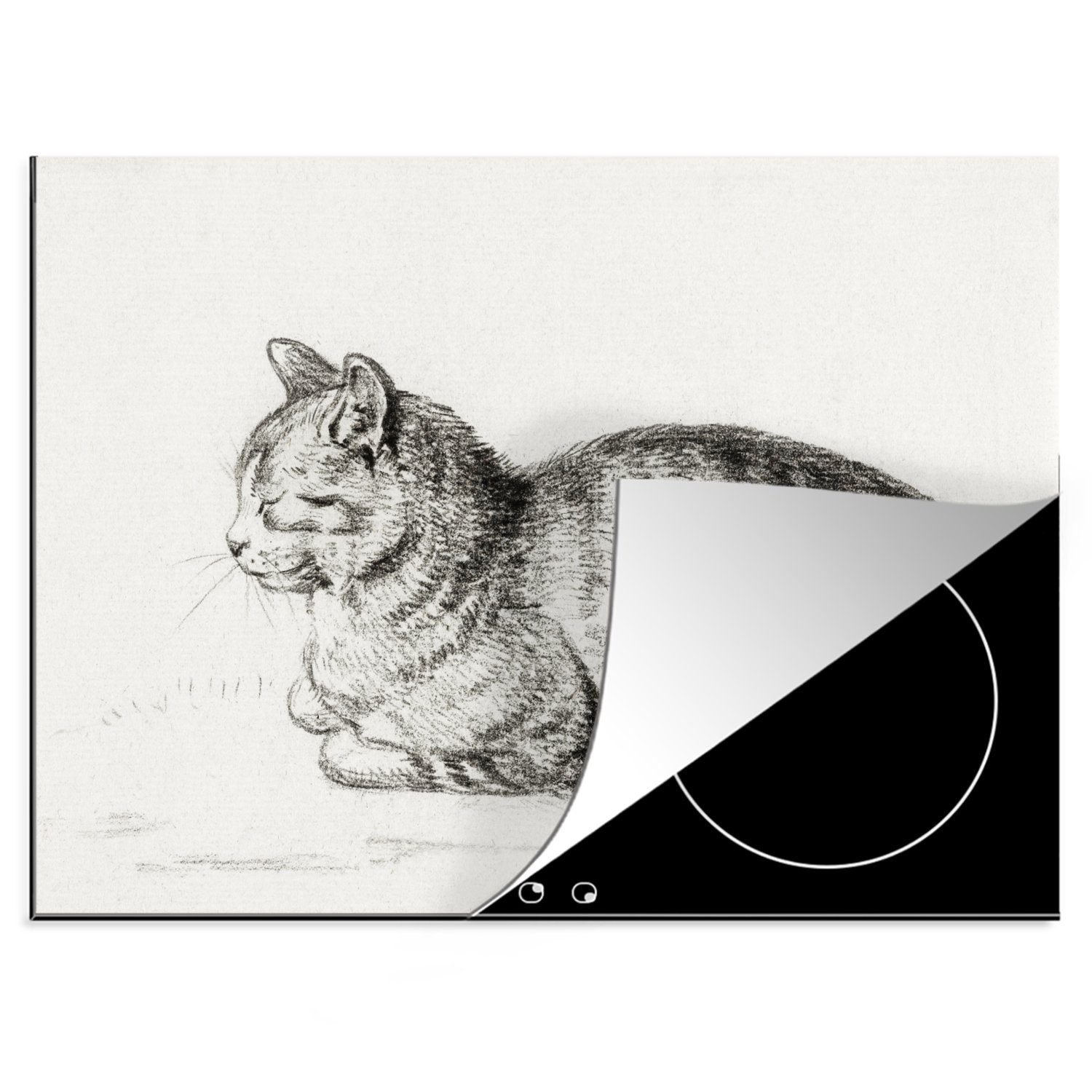 MuchoWow Herdblende-/Abdeckplatte Liegende Katze - Gemälde von Jean Bernard, Vinyl, (1 tlg), 70x52 cm, Mobile Arbeitsfläche nutzbar, Ceranfeldabdeckung