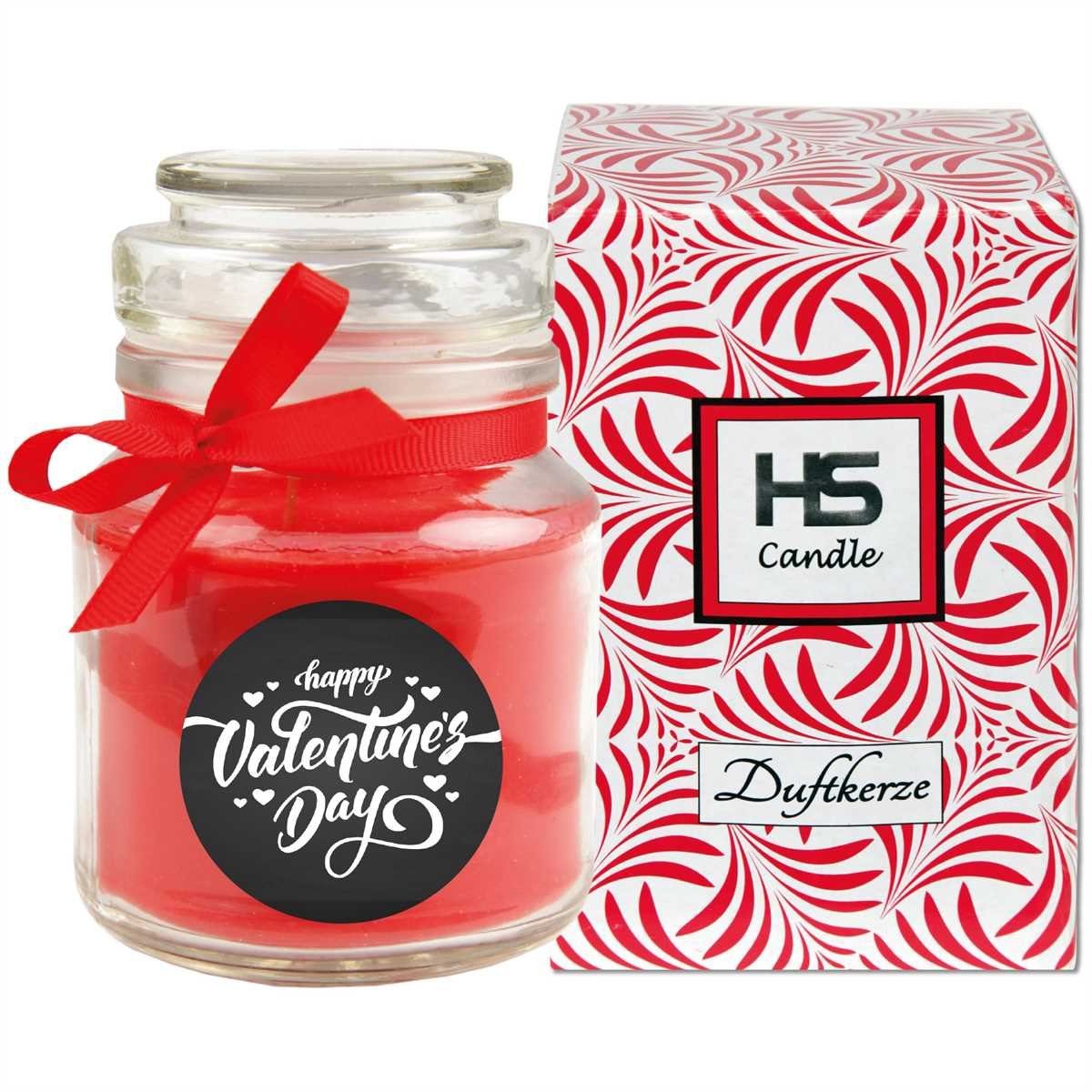 HS Candle Duftkerze (1-tlg), Valentinstag Geschenk - Kerze im Bonbon Glas mit Valentinstagsmotiven