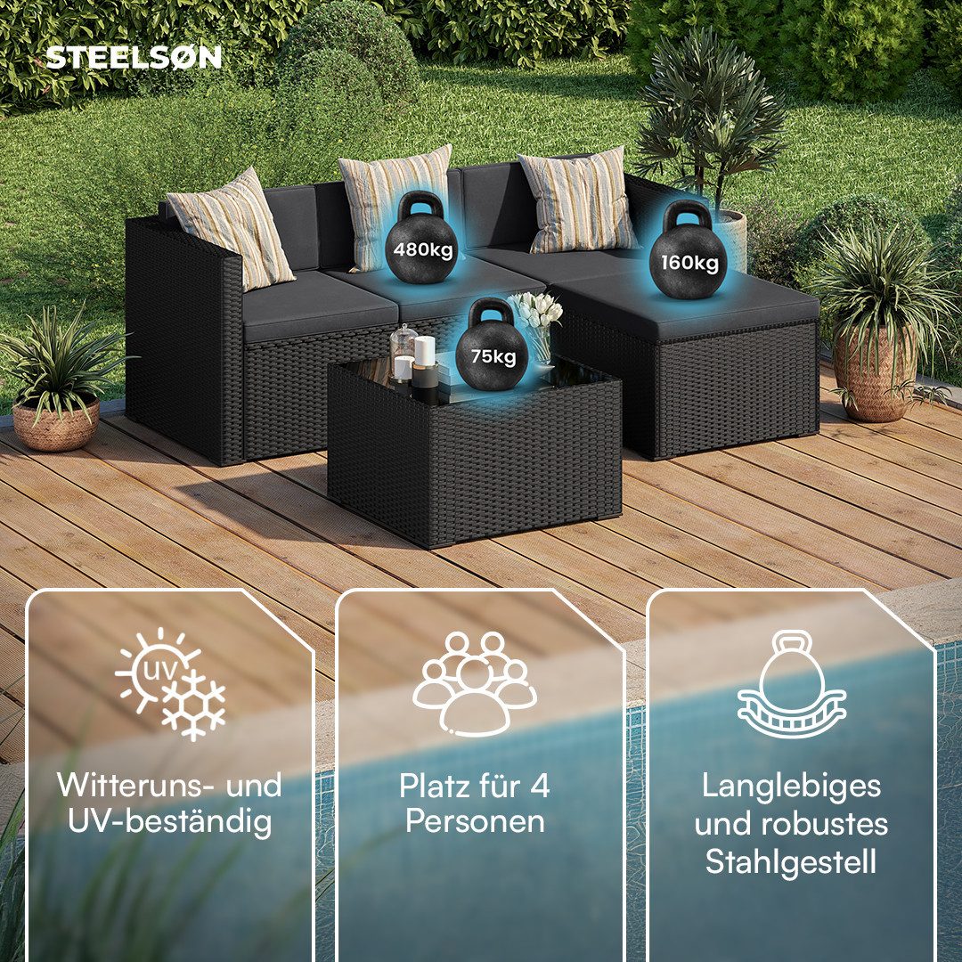 STEELSØN Sitzgruppe Zethora Gartenlounge Set aus Polyrattan, (schwarz/anthrazit, für 4 Personen), Outdoor Sitzgarnitur mit 3er Sofa, Hocker & Tisch