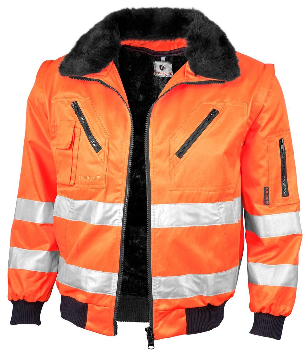 Qualitex Workwear Pilotenjacke signalfarbe 4-in-1 Arbeitsjacke aus Mischgewebe - ideal Übergangsjacke (1-St) Warnschutz-Pilotenjacke mit 7 Taschen - Strapazierfähig & Pflegeleicht