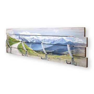 Kreative Feder Wandgarderobe Wandgarderobe "Wanderweg" aus Holz, im Shabby-Chic-Design farbig bedruckt ca. 30x100cm 4 Doppel-Haken
