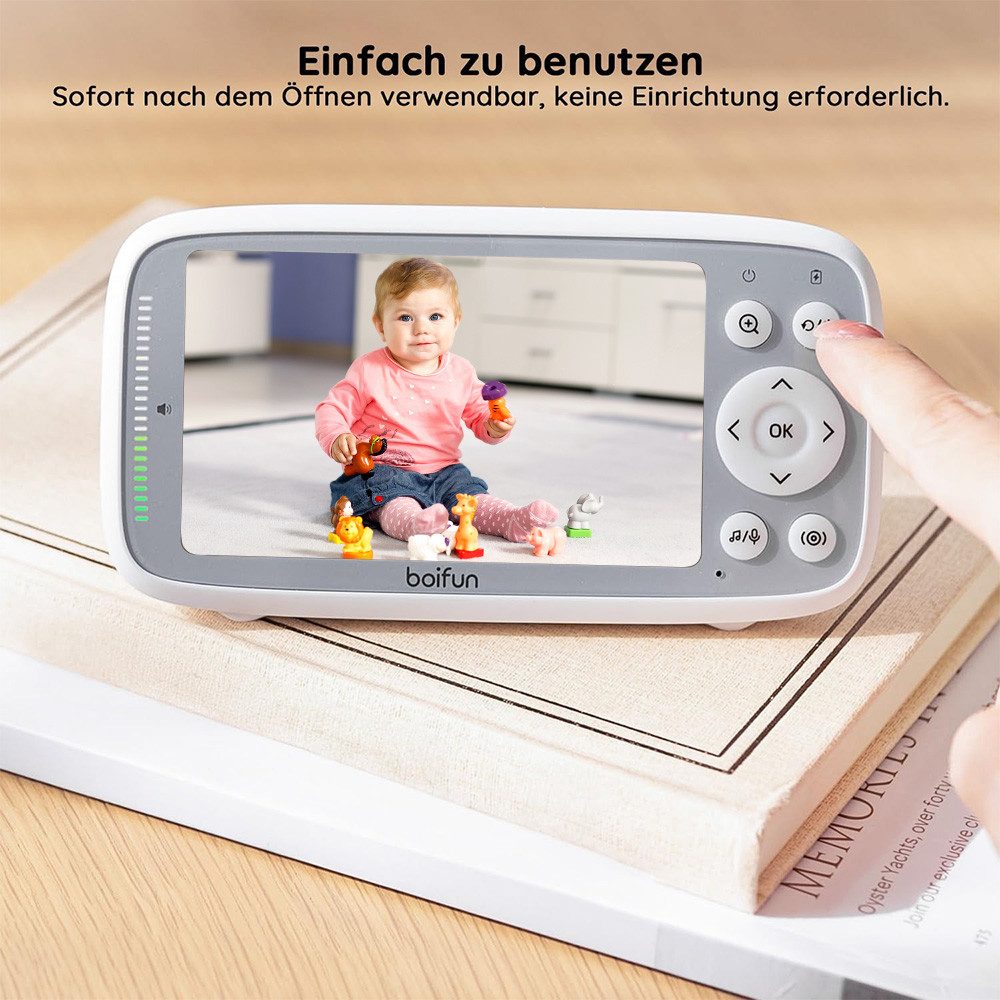 Boifun Babyphone Babyphone mit Kamera und Audio VOX Nachtsicht Babyfon, 4" großer Digital IPS Bildschirm Wireless Zwei-Wege-Gespräch, 1-tlg., Wiegenlieder 30 Stunden wiederaufladbare Batterie 300 m Reichweite, 2024 Verbessert Babyphone ideal für Eltern